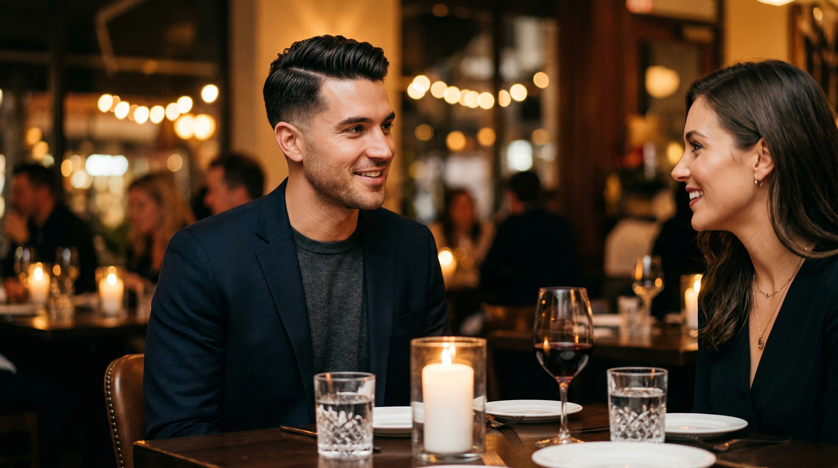 Confident well-groomed man with perfectly styled hair on a candlelit first date, projecting magnetic attraction