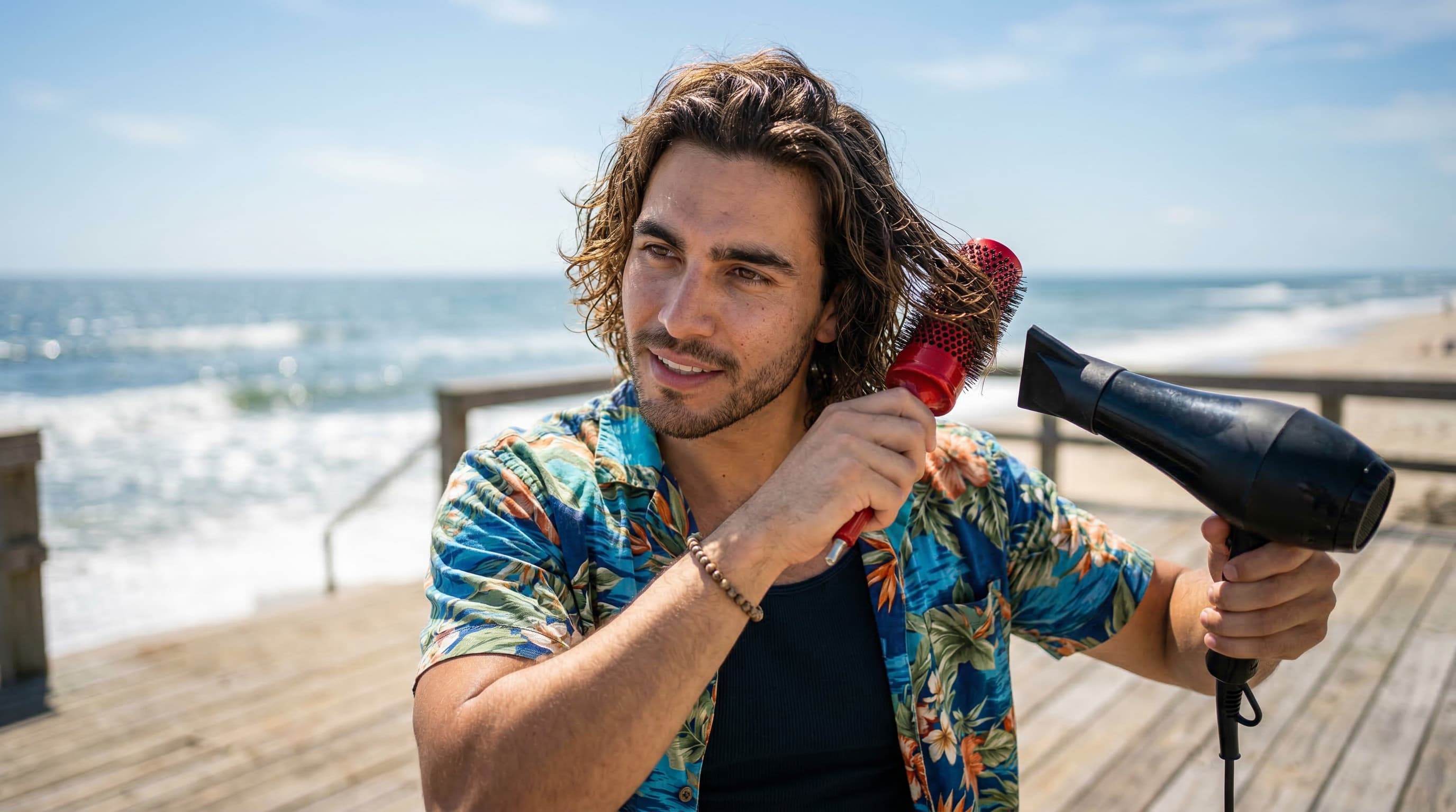 Man blow-drying hair with round brush to create beach waves men's styling technique