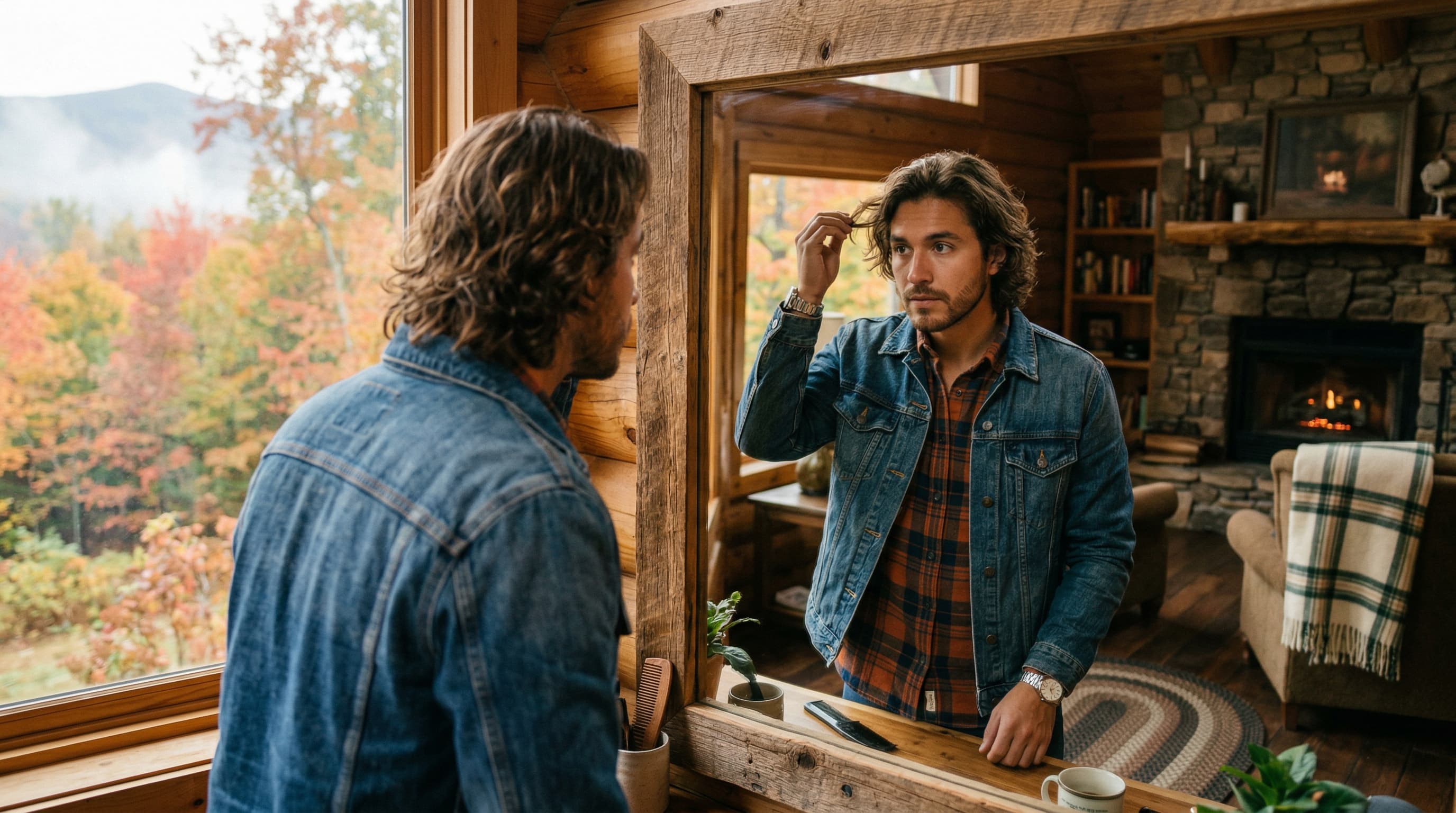 Man checking hair texture in mirror learning to read seasonal hair care warning signs for better grooming