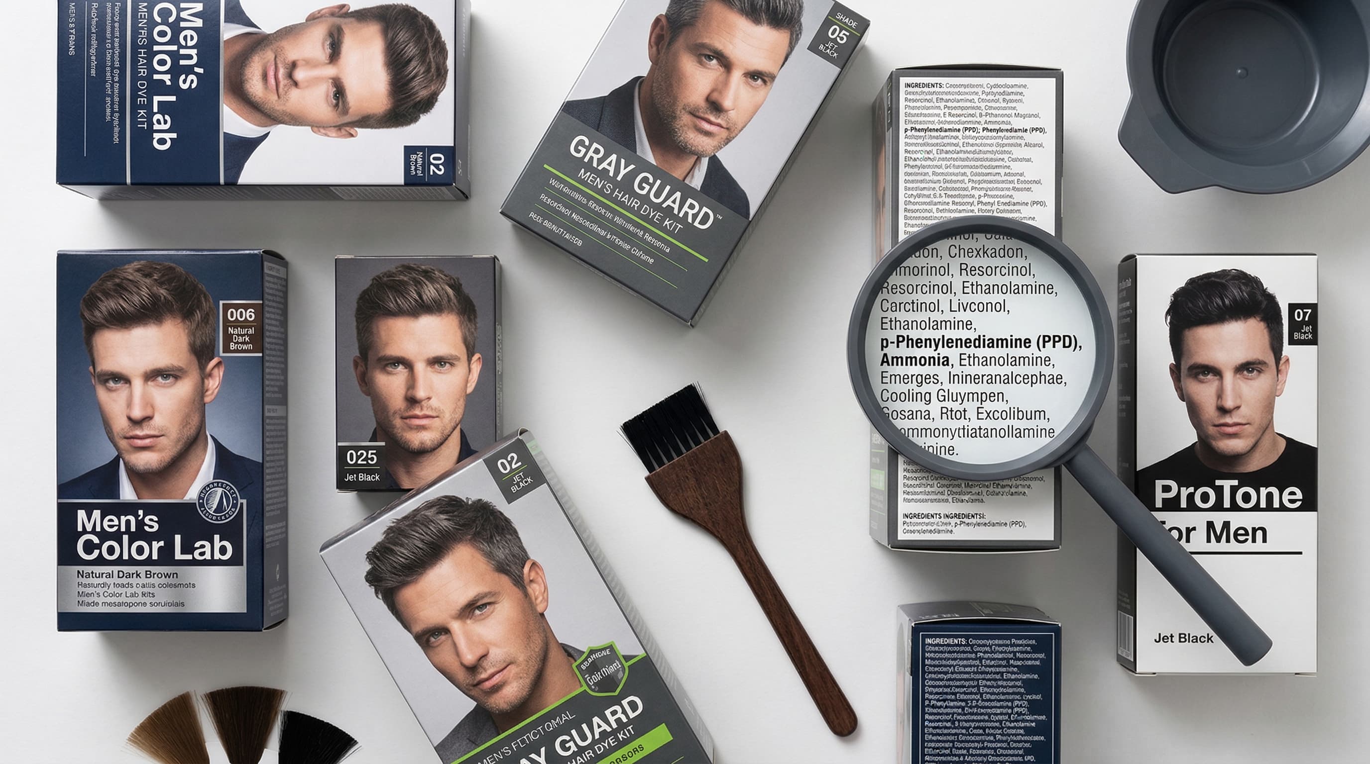 Men's hair dye kits with ingredient labels showing PPD and ammonia chemicals under a magnifying glass