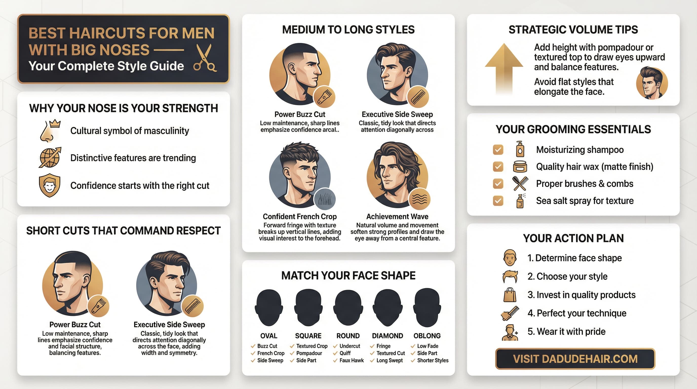 Infographic guide to the best haircuts for men with big noses including face shape tips and styling advice