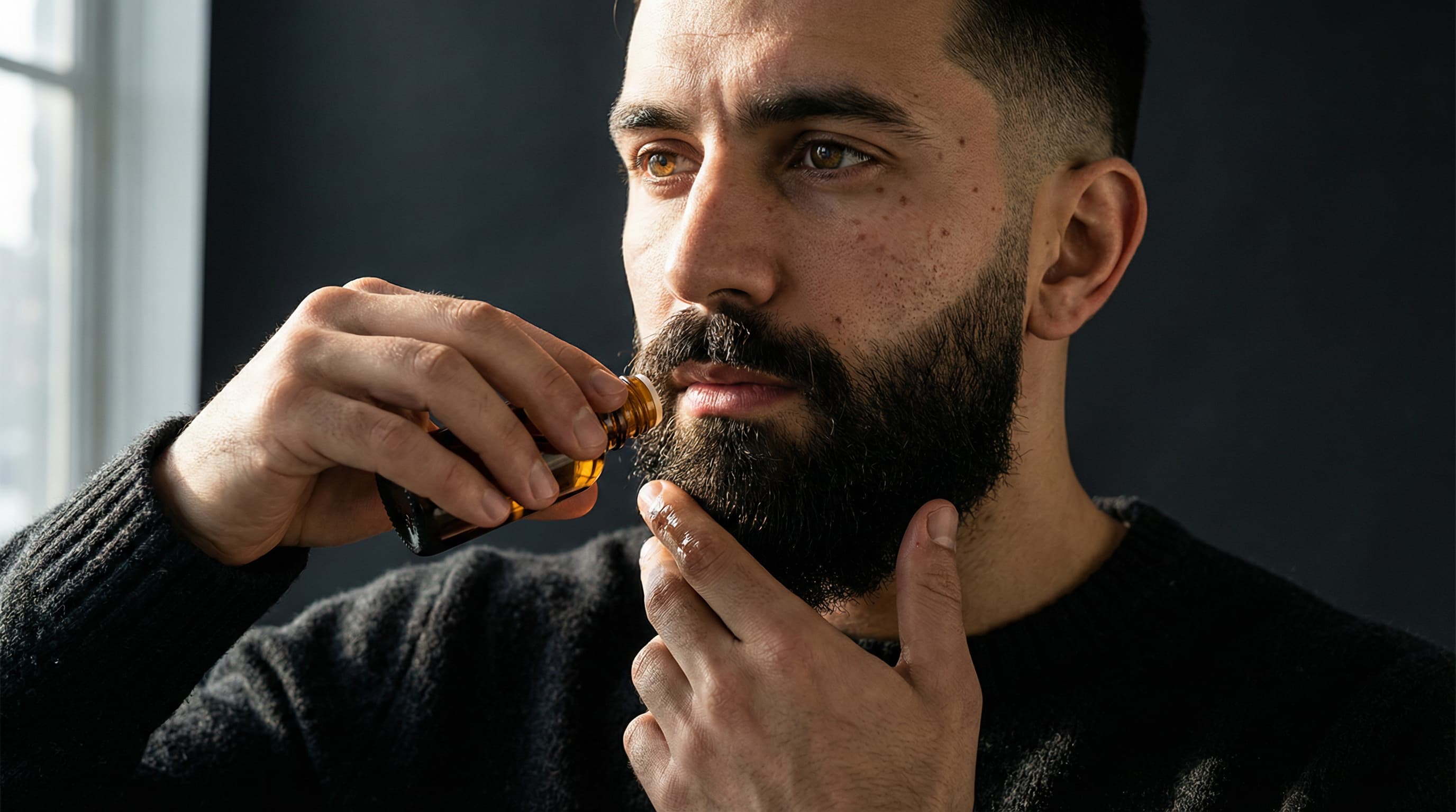 Man applying beard oil to full beard for winter hydration and protection
