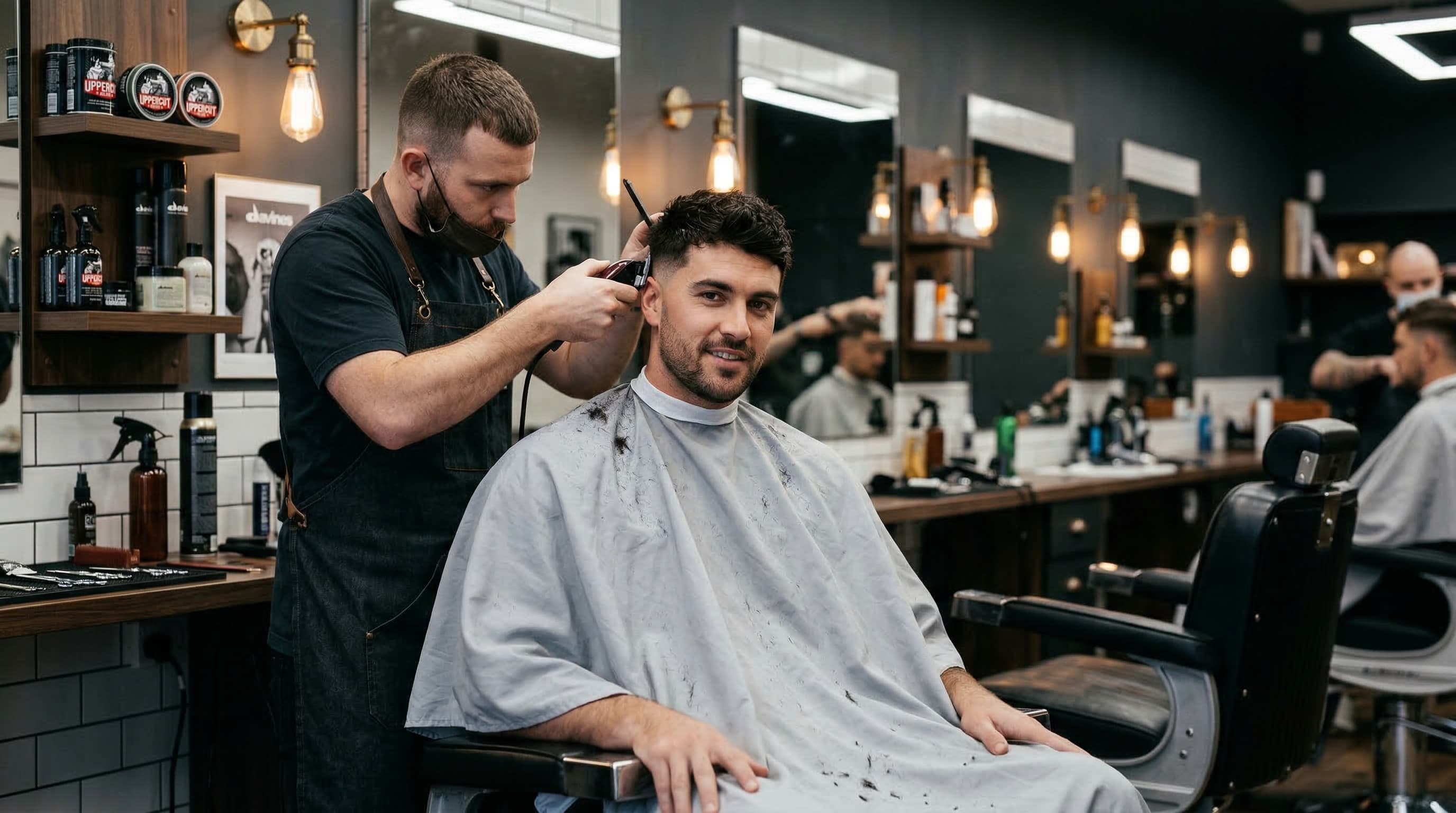 Stylish man in barbershop chair getting a modern men's haircut with clipper fade