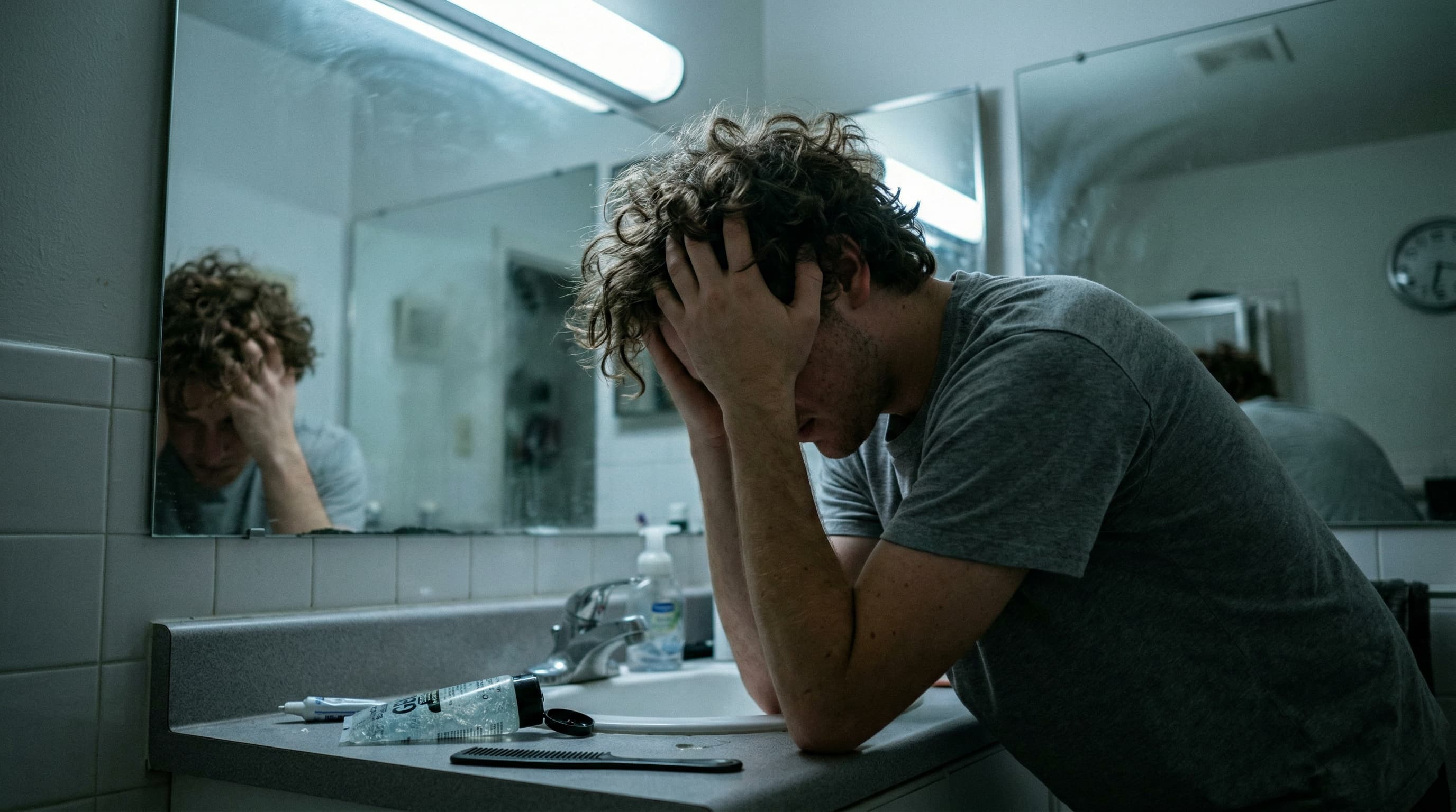 Man frustrated with bad hair holding his head &mdash; 7 common hair styling mistakes men make