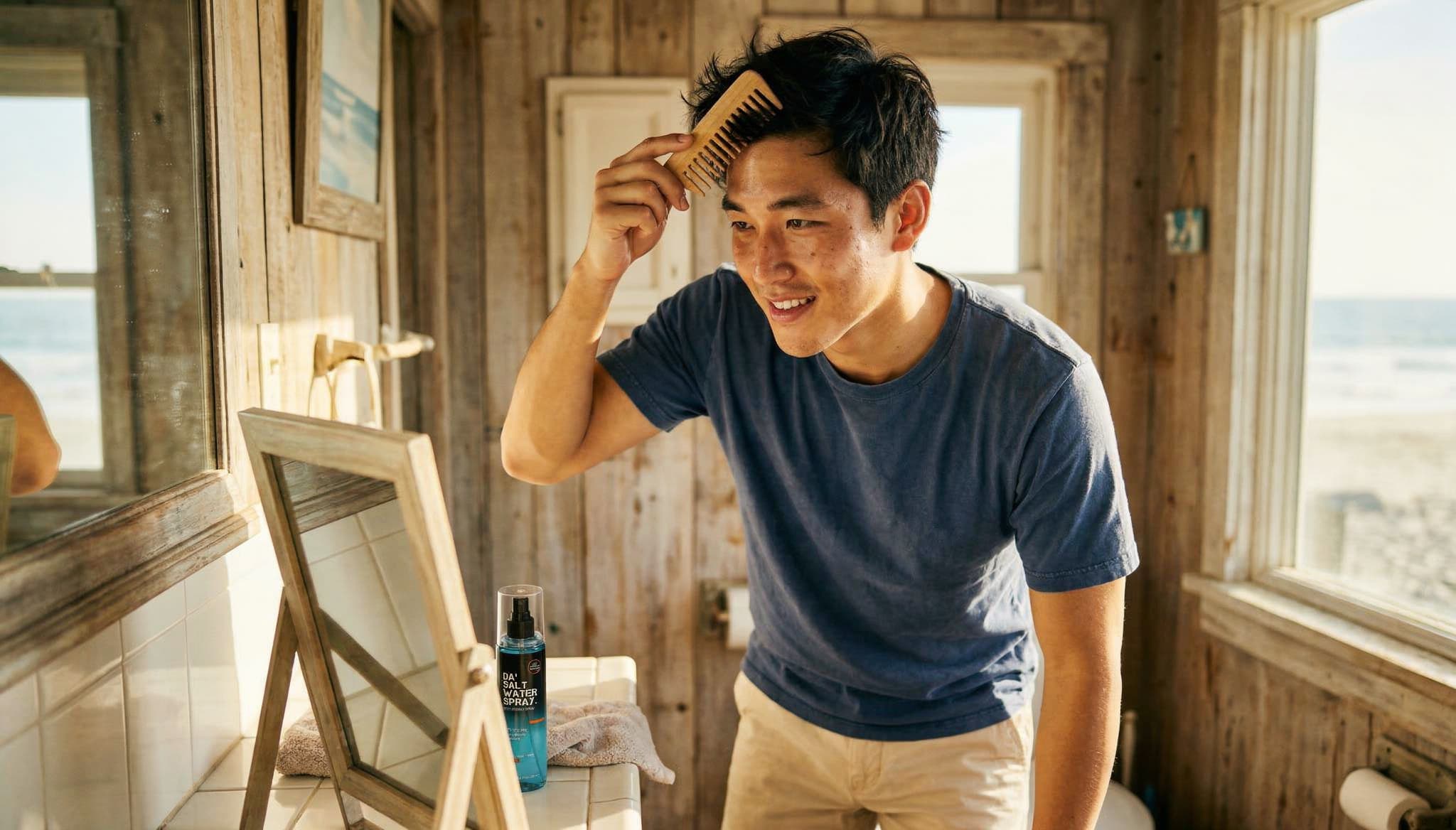 Casually dressed man detangling his hair with a wide-toothed comb before styling beach waves