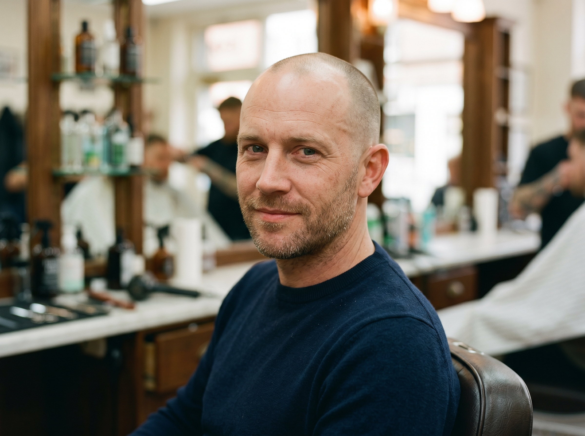 A man with advanced recession in a clean even buzz cut with a low skin fade, owning the look in a barbershop