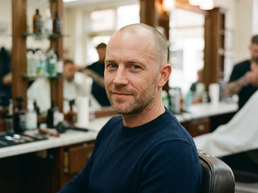 A man with advanced recession in a clean even buzz cut with a low skin fade, owning the look in a barbershop