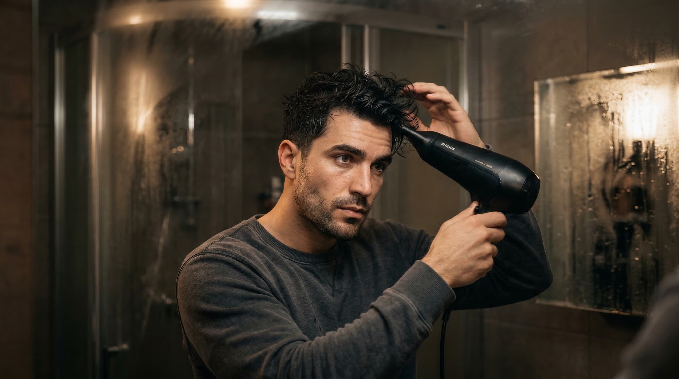 Man blow-drying hair after applying Da'Salt Water Spray for textured, voluminous beach waves