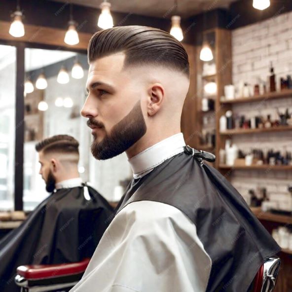 handsome bearded man with pompadour sitting in barbershop