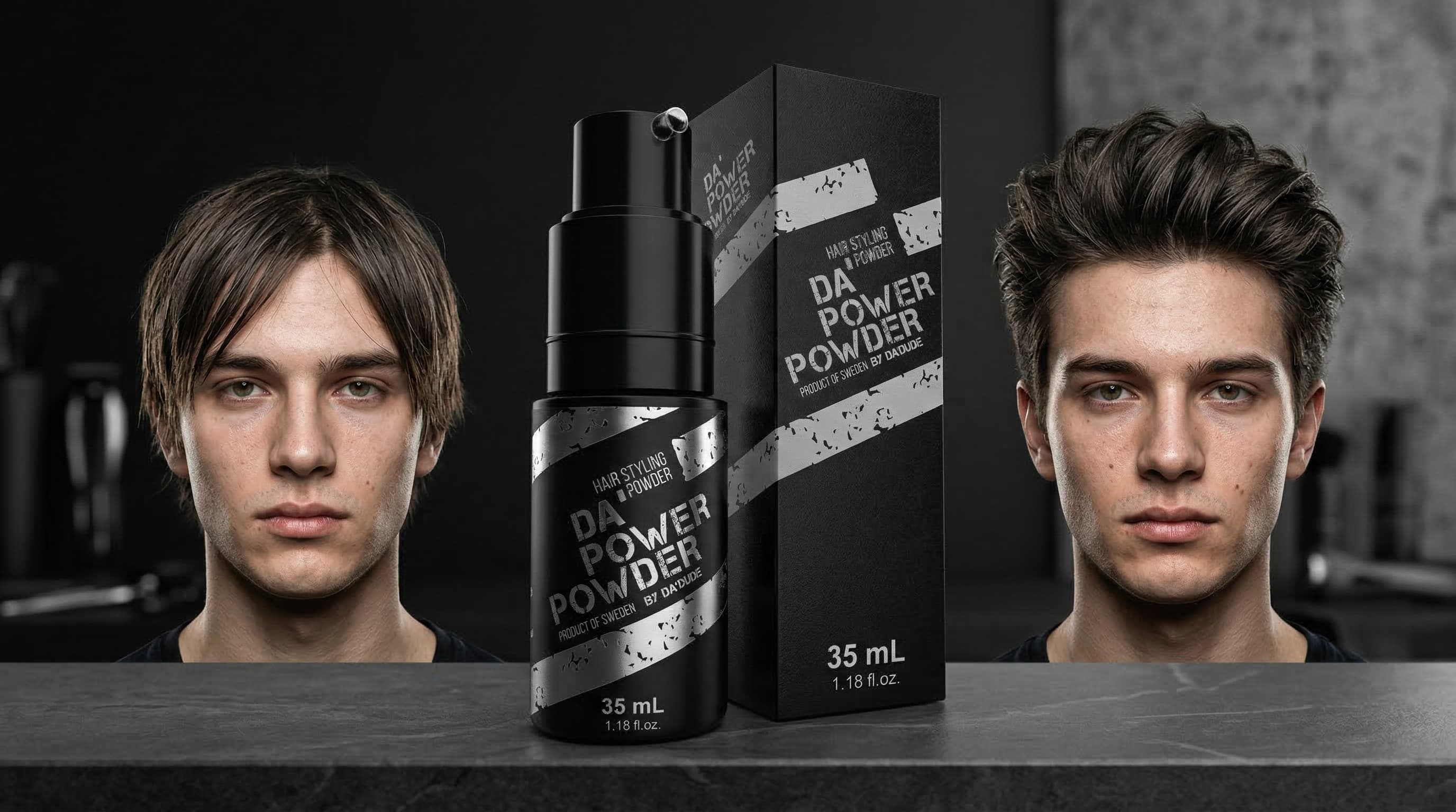 Before and after: Da'Power Powder transforms flat men's hair into full, voluminous style