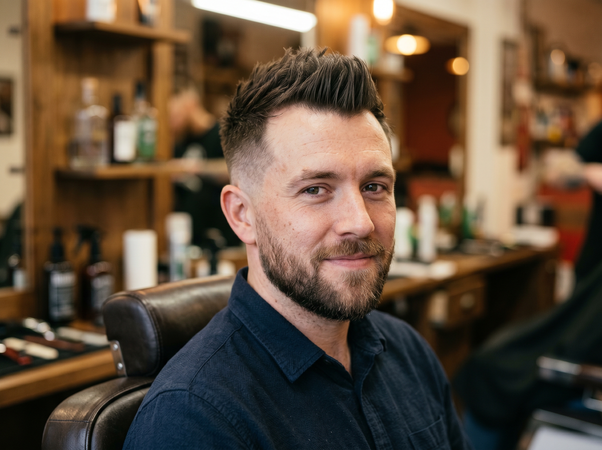 A man with recession in a low-key textured faux hawk, central volume with hard-faded matte sides