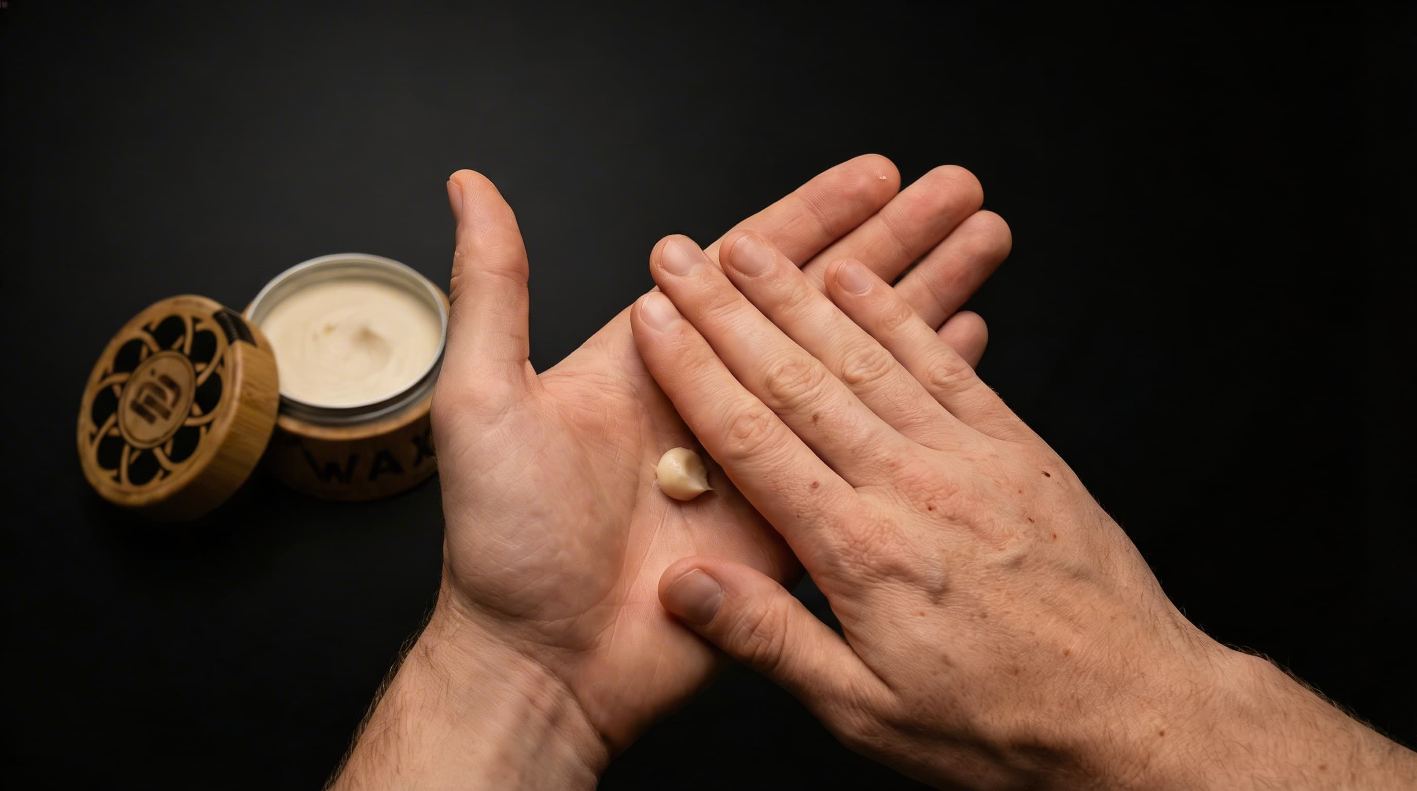 Man applying matte hair wax showing pea-sized amount for textured face shape haircut styling