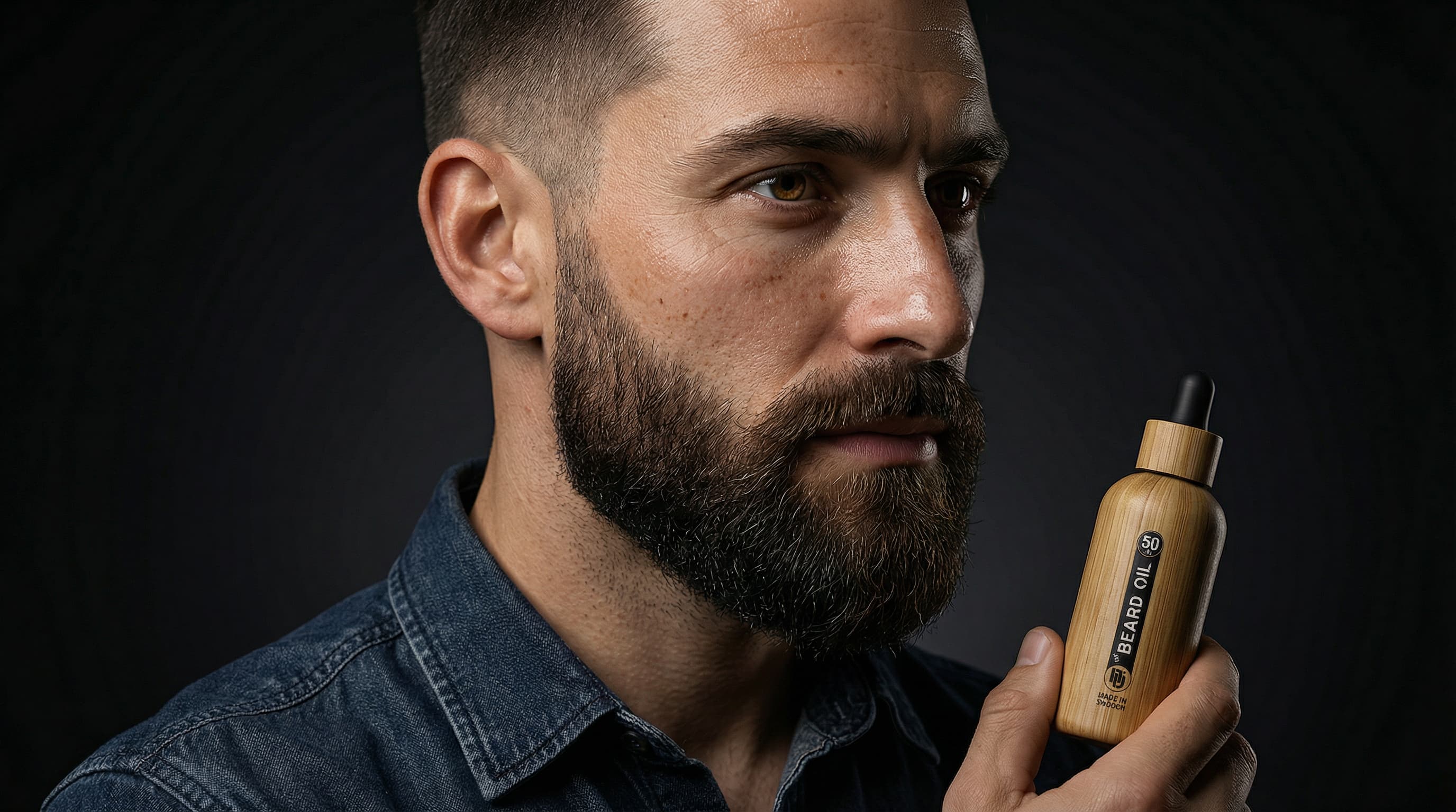 Confident man with groomed beard and strong nose profile styled by Da'Dude beard oi