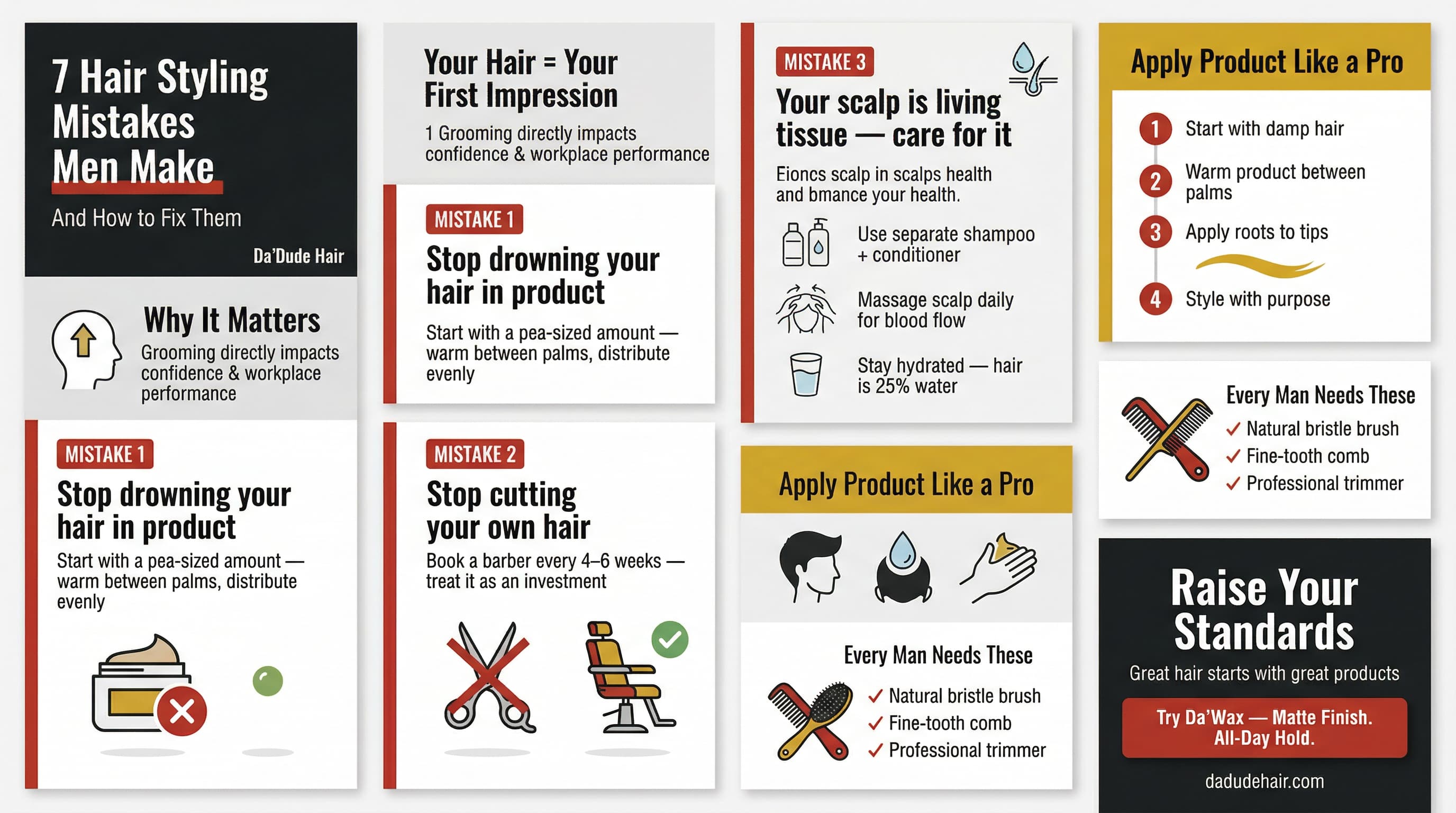 7 hair styling mistakes men make infographic &mdash; product overuse, scalp health, barber tips and Da'Dude Hair grooming guide