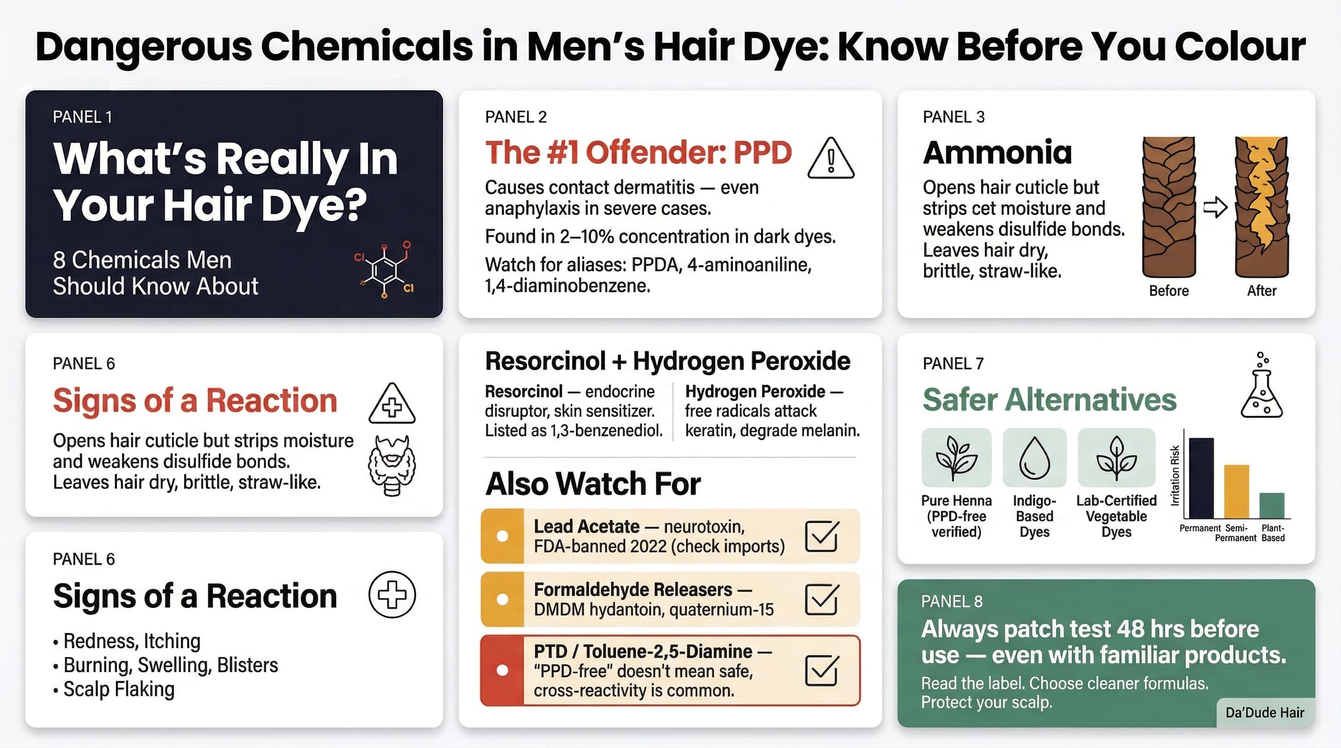 Dangerous Hair Dye Chemicals Men Should Know: PPD, Ammonia, Resorcinol, Hydrogen Peroxide, Lead Acetate, Formaldehyde, PTD &mdash; risks and safer alternatives infographic