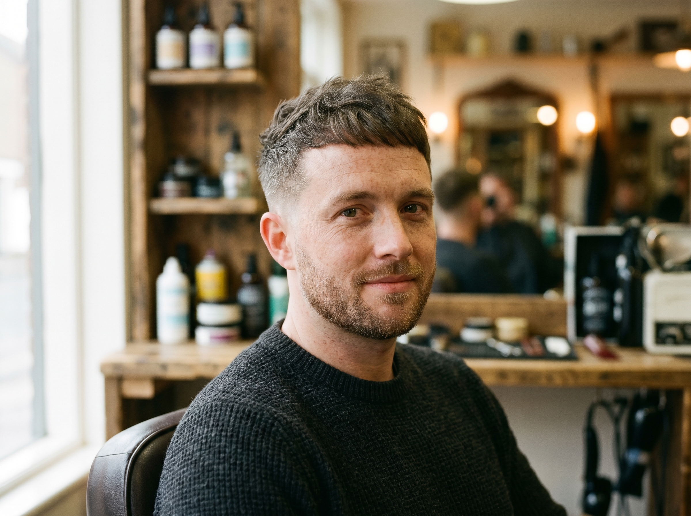 A man with mild temple recession styling a textured fringe into a low quiff with a matte finish in a barbershop