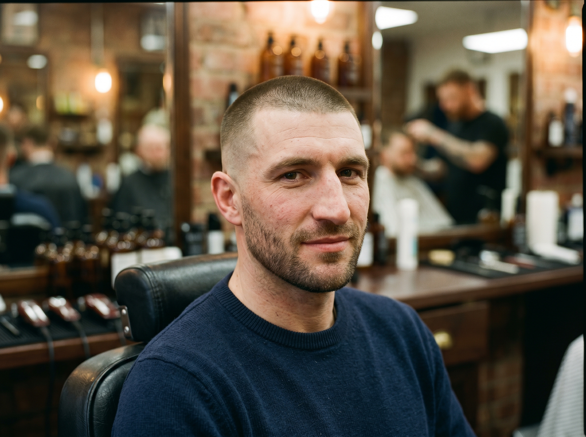 An everyday man with a clean buzz cut and low skin fade in a barbershop, a sharp short cut that flatters a prominent nose
