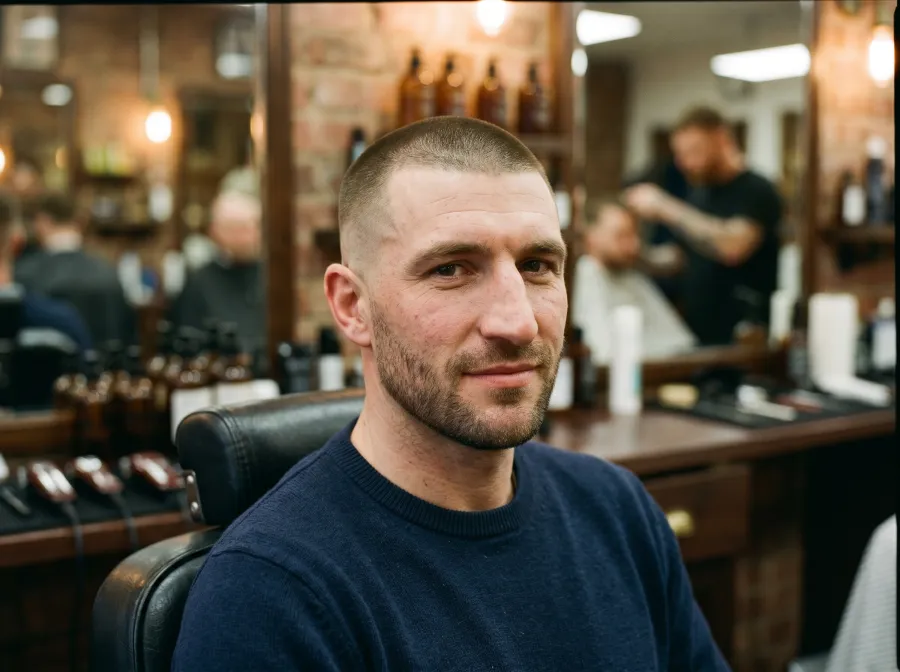 An everyday man with a clean buzz cut and low skin fade in a barbershop, a sharp short cut that flatters a prominent nose