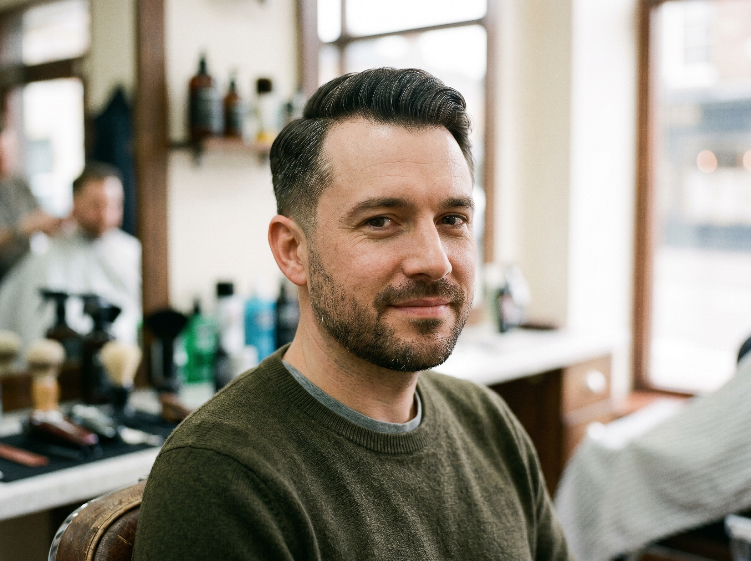 A man with a mature hairline wearing a soft low side part in a barbershop, a tidy classic cut for early recession