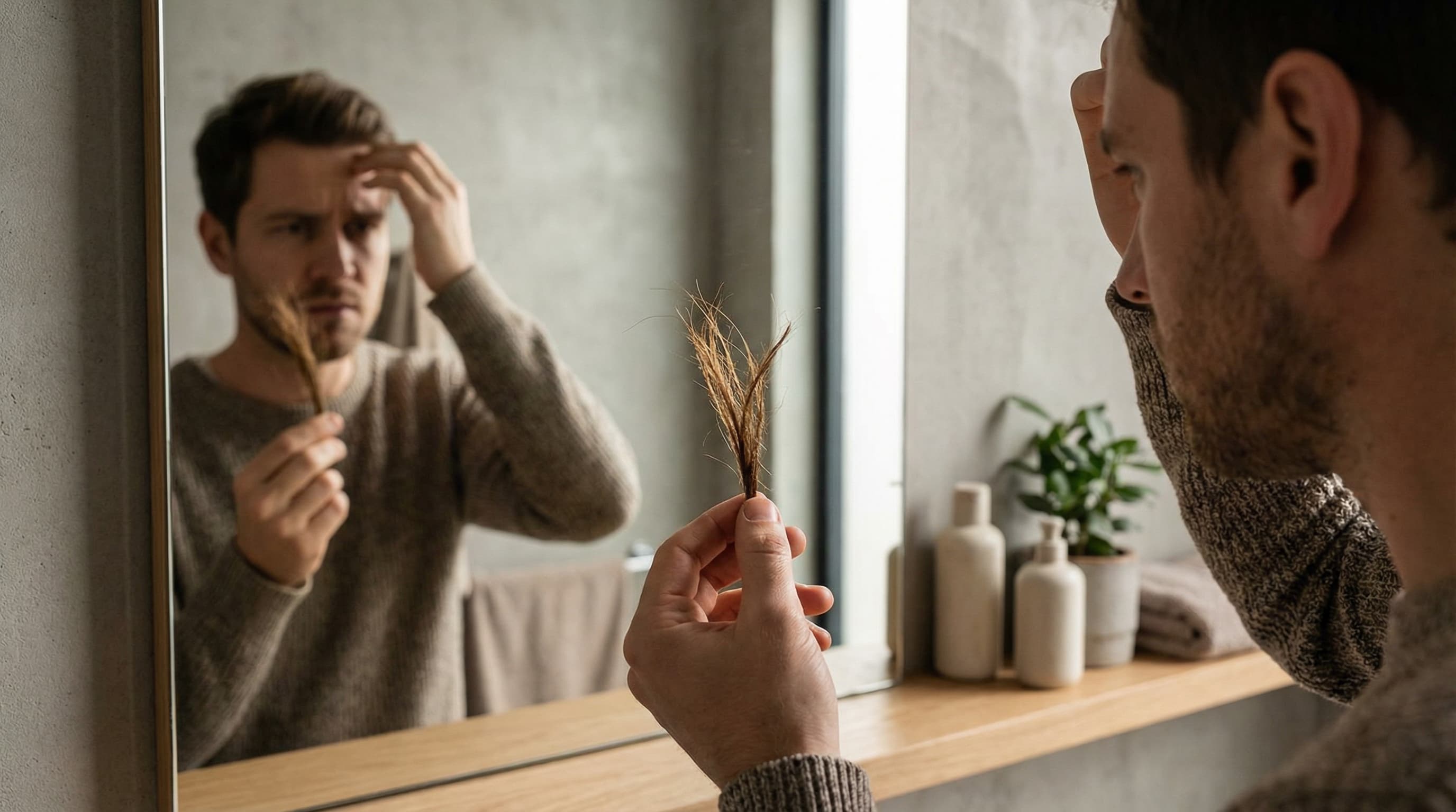 Man examining damaged dry hair strands in bathroom mirror