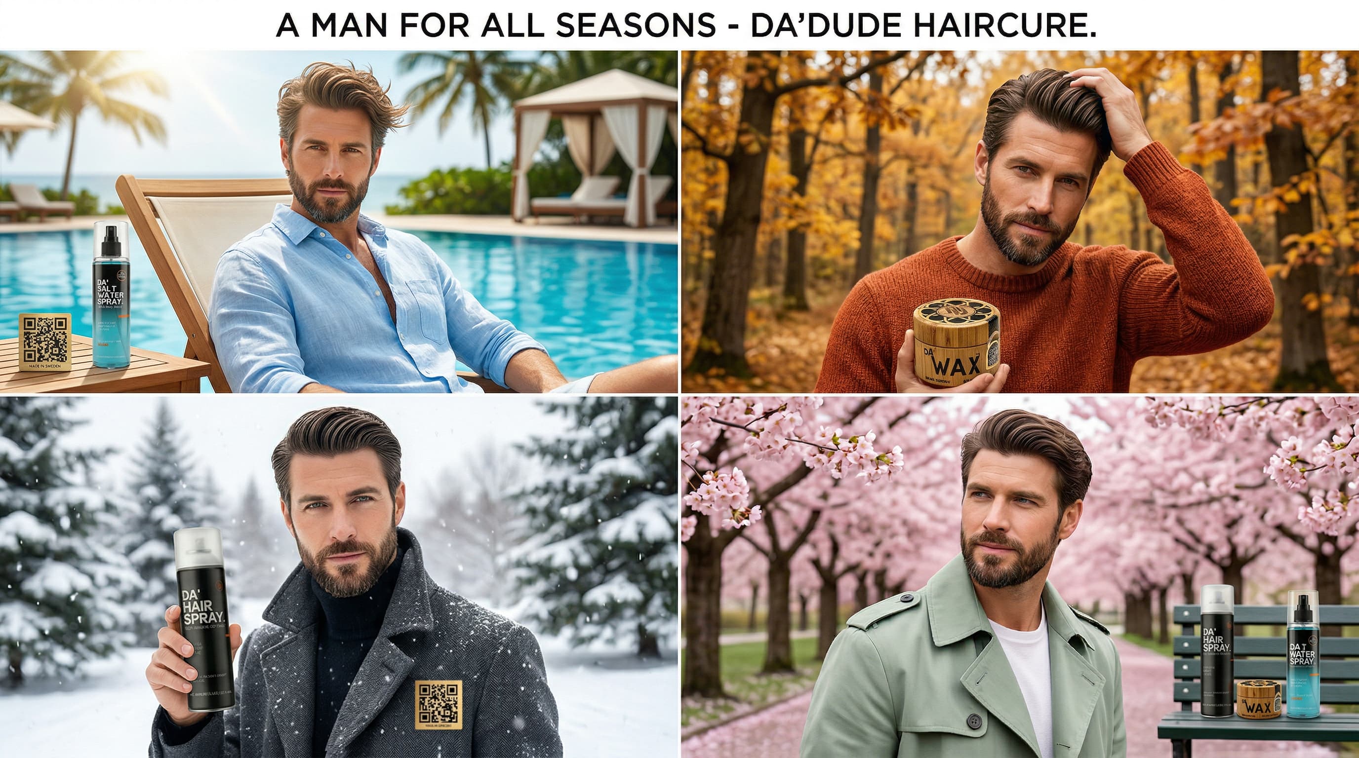 Da'Dude Hair seasonal hair care guide showing men's healthy hair through all four seasons summer winter spring autumn