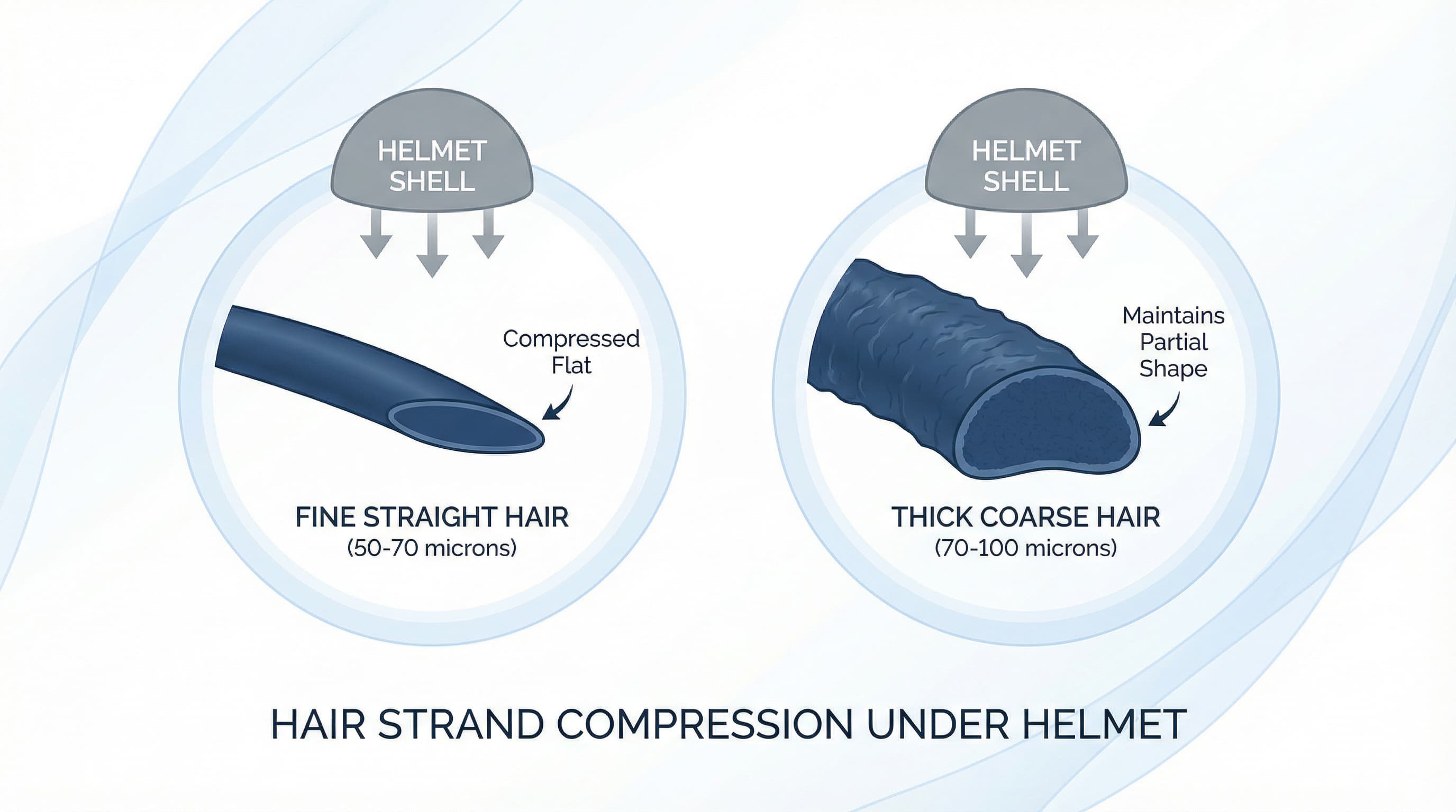 Fine vs thick hair comparison under helmet compression showing how hair texture affects flattening