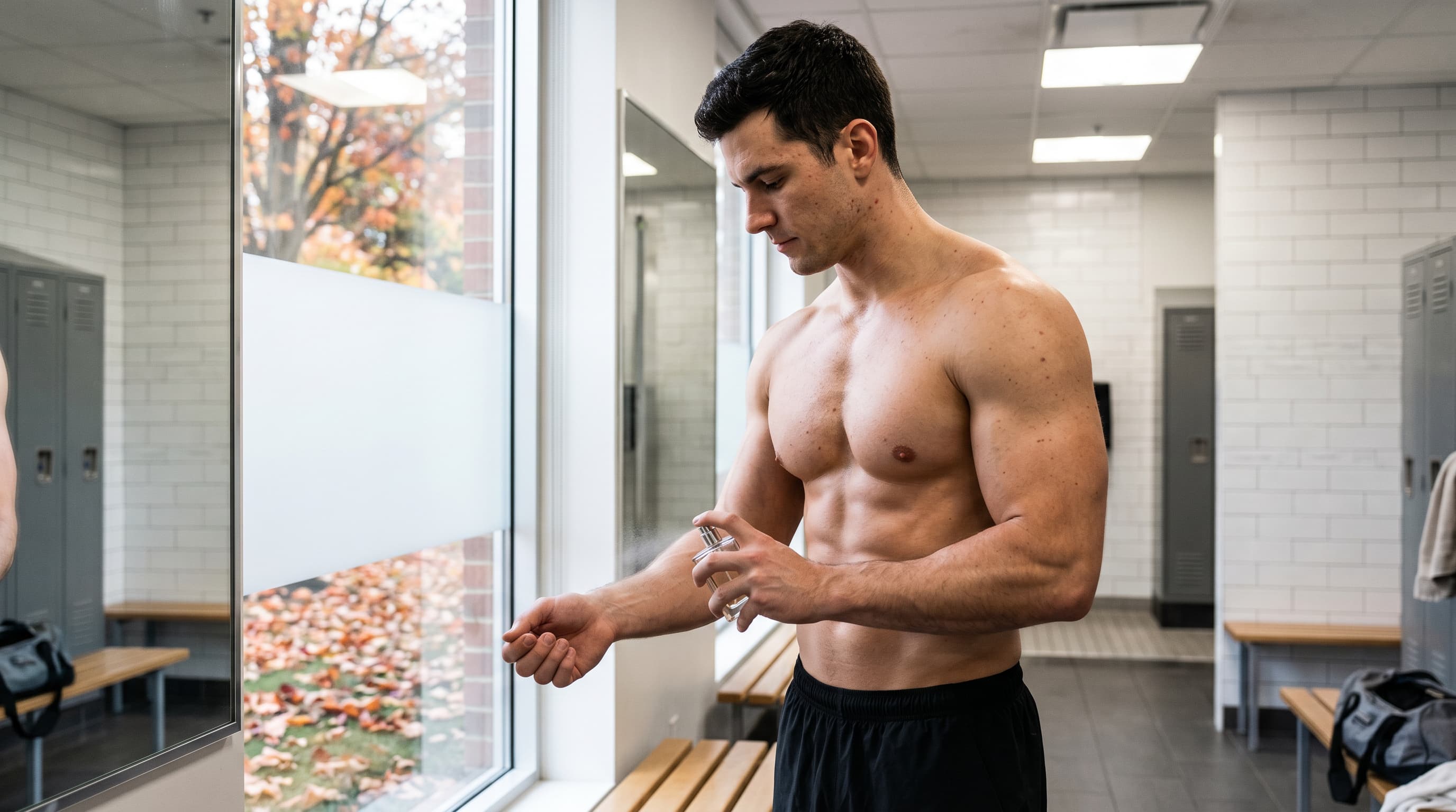 Man applying cologne to chest using proper spray technique for gym to date night grooming routine