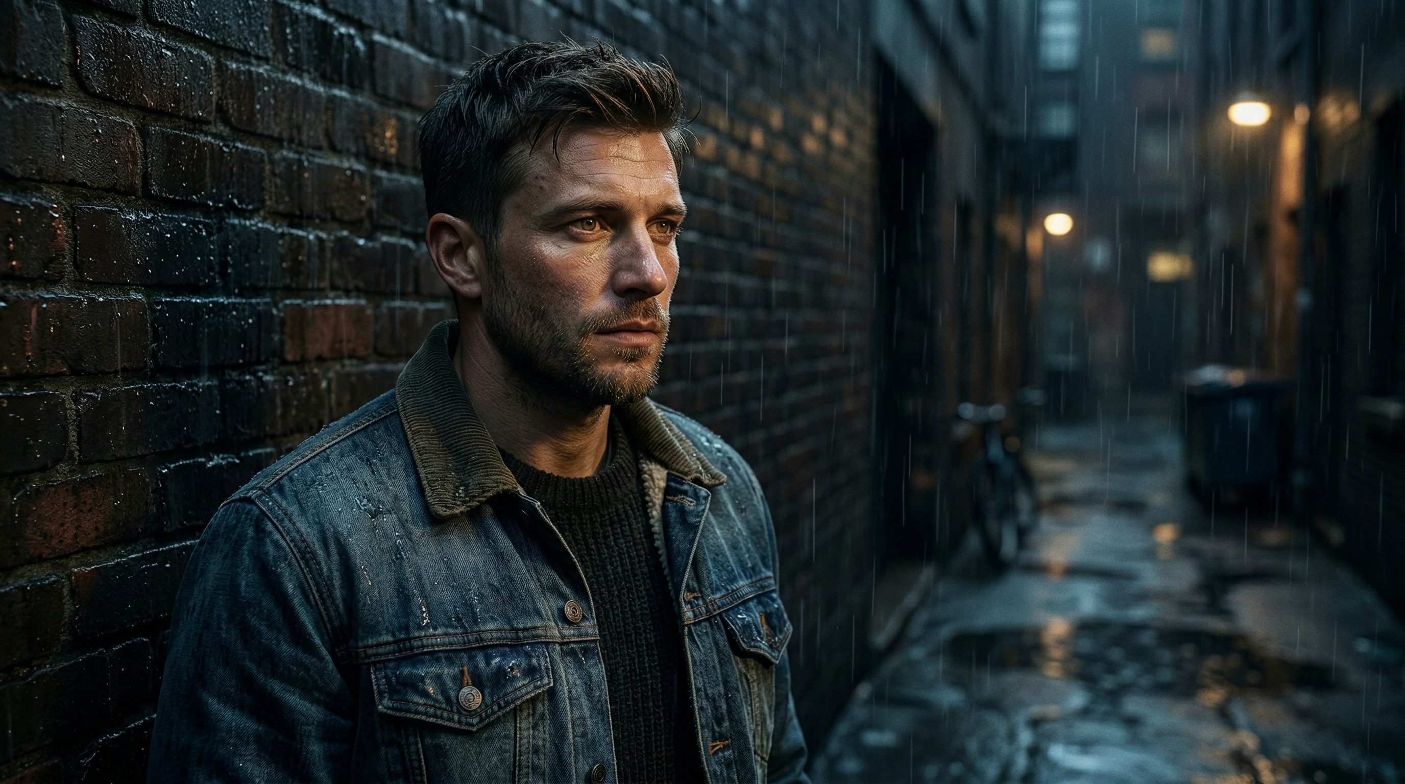 Man with textured crop hairstyle wearing denim jacket in natural light