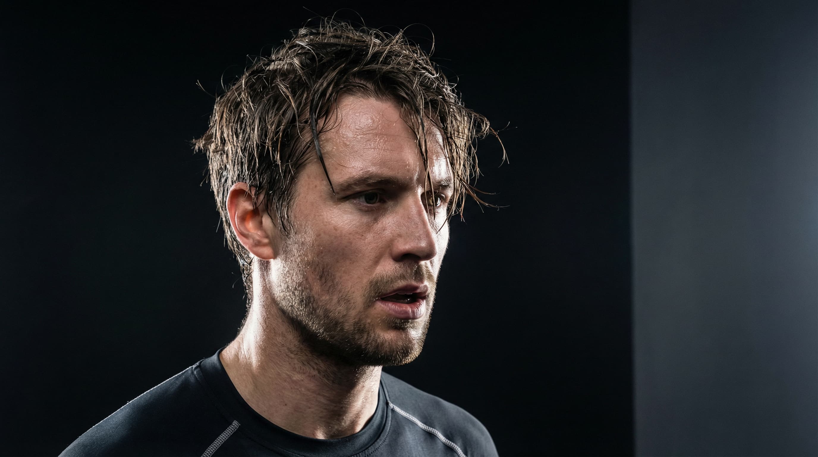 Athletic man with damaged hair after workout showing effects of sweat on hair health