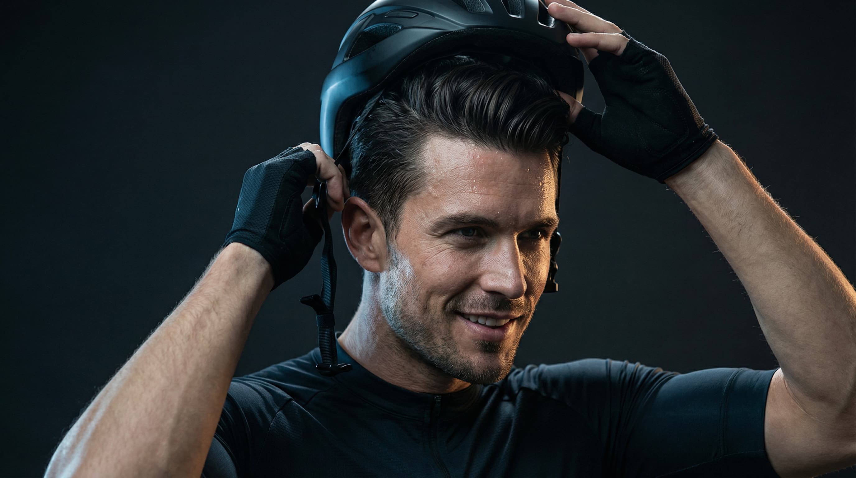 Athletic man with styled hair removing cycling helmet showing how to prevent helmet hair