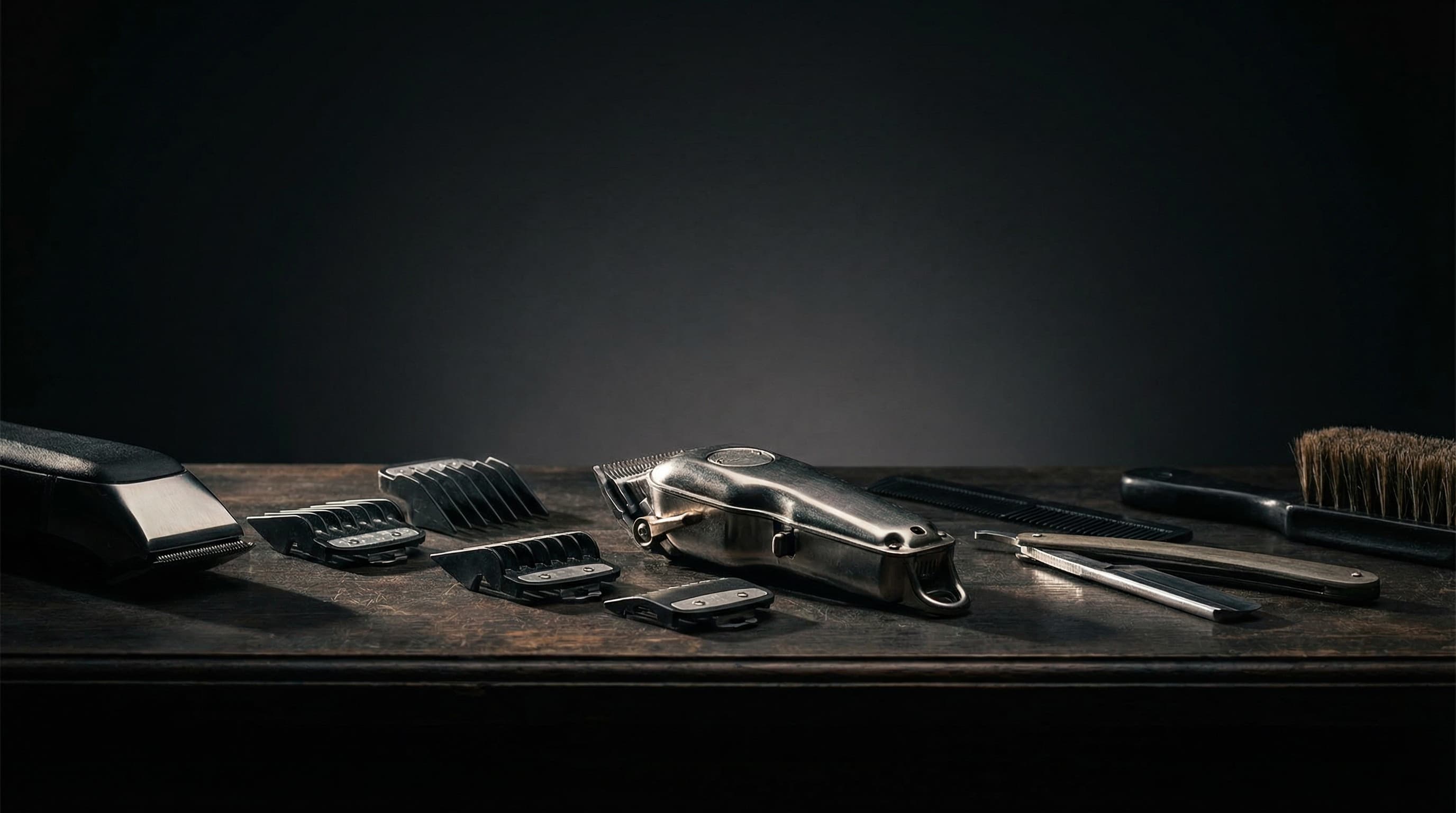 Barber shop clipper tools and guards arranged on counter