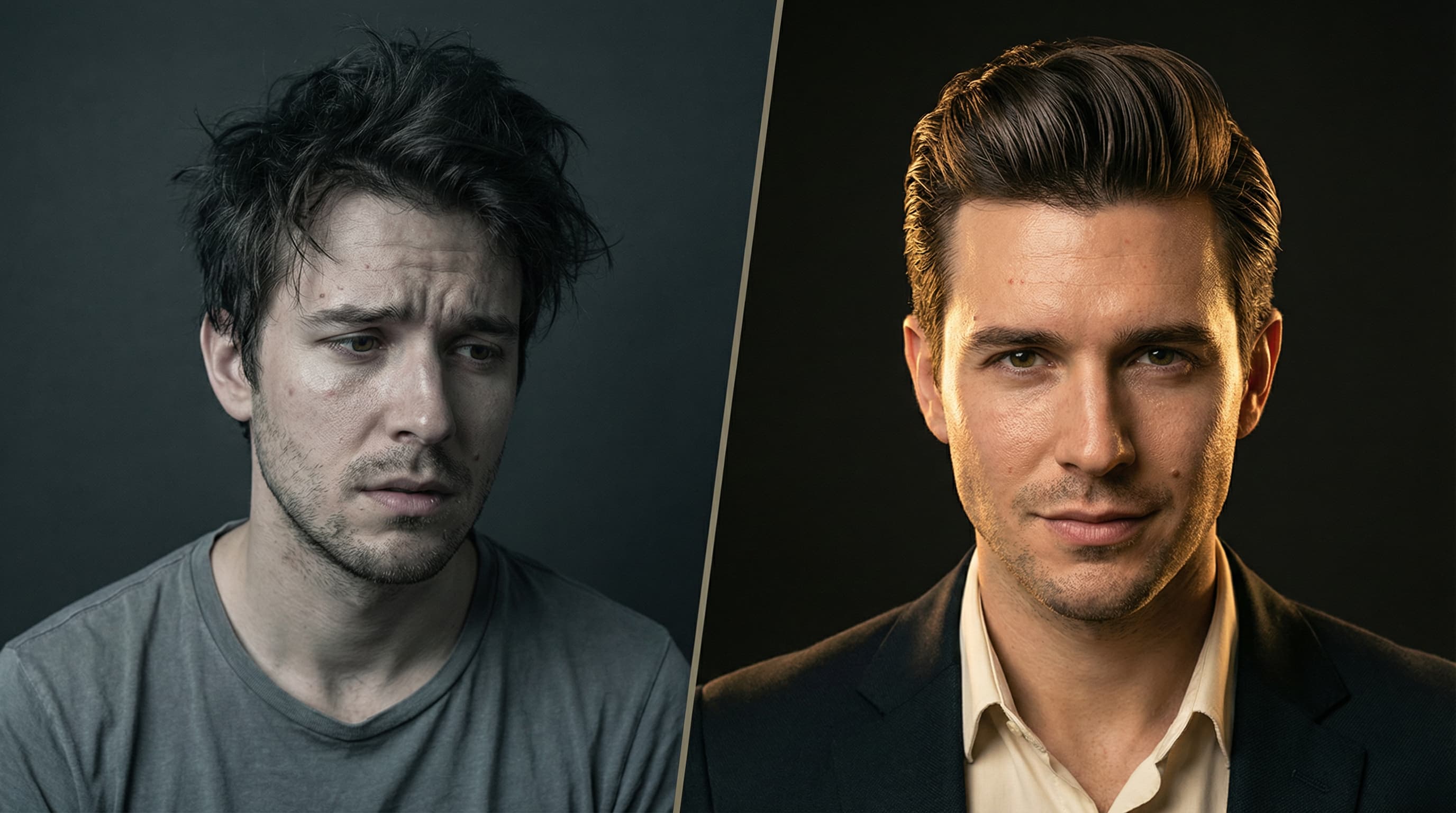 Men's grooming transformation showing confidence boost from a classic pompadour haircut