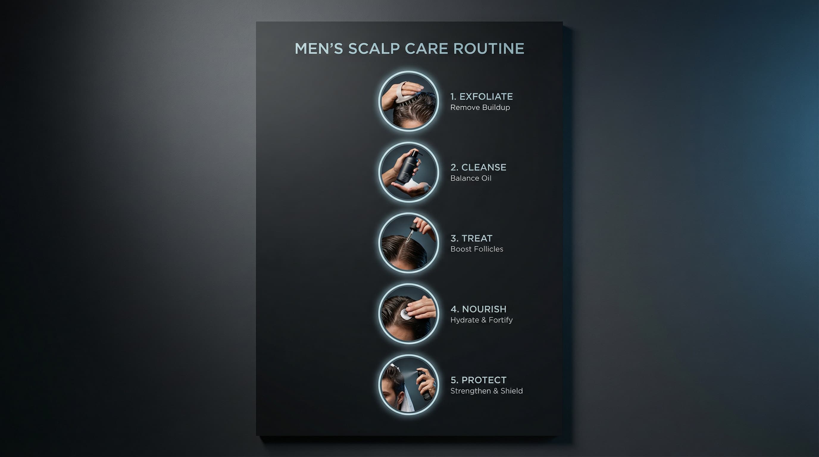 Clean infographic illustrating a 5-step men's scalp care routine for sebum balance, follicle health, and stronger hair