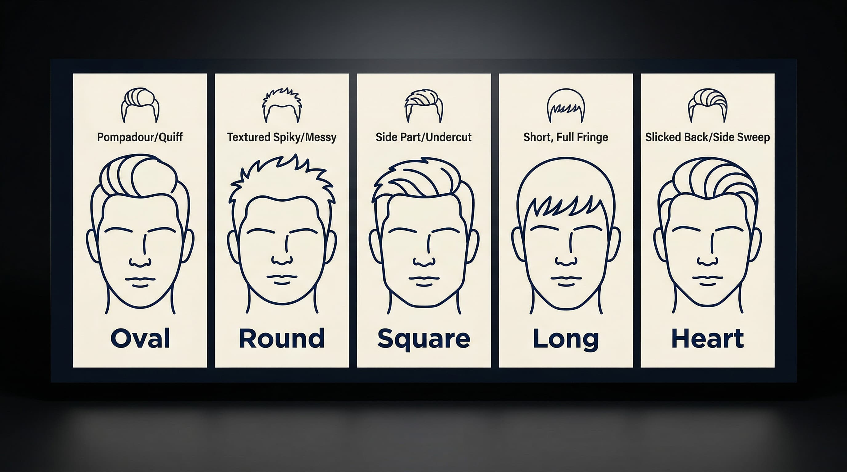 Face shape guide for men showing recommended low-maintenance hairstyles for each shape