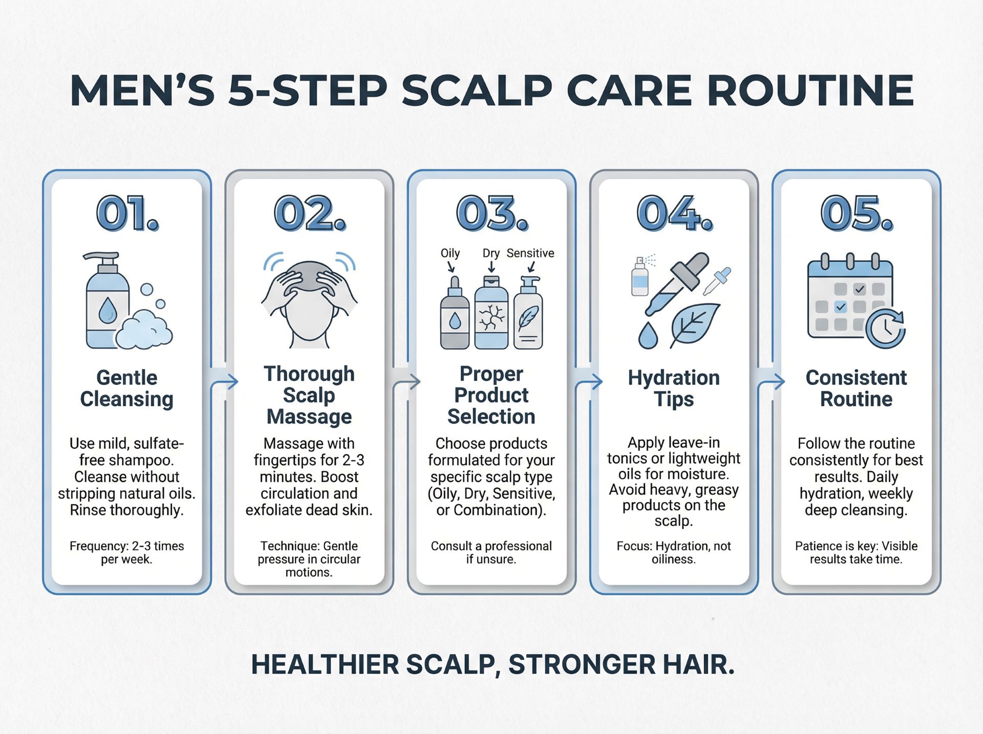 Infographic showing 5-step men's scalp care routine including gentle cleansing, scalp massage, proper product selection, and hydration tips