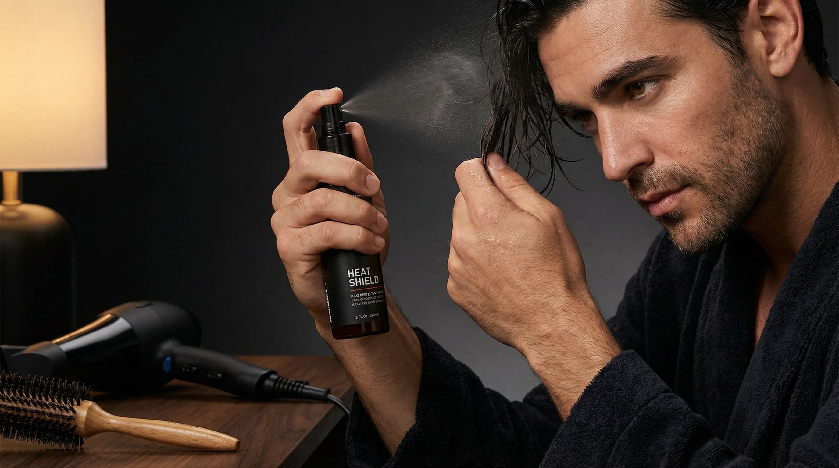 Man applying heat protectant spray to damp hair before blow drying for volume
