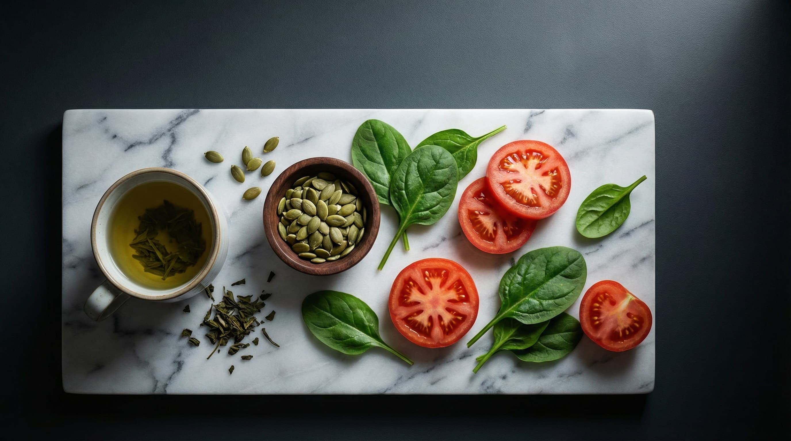 DHT blocking foods flat lay with green tea pumpkin seeds spinach and tomatoes for hair health