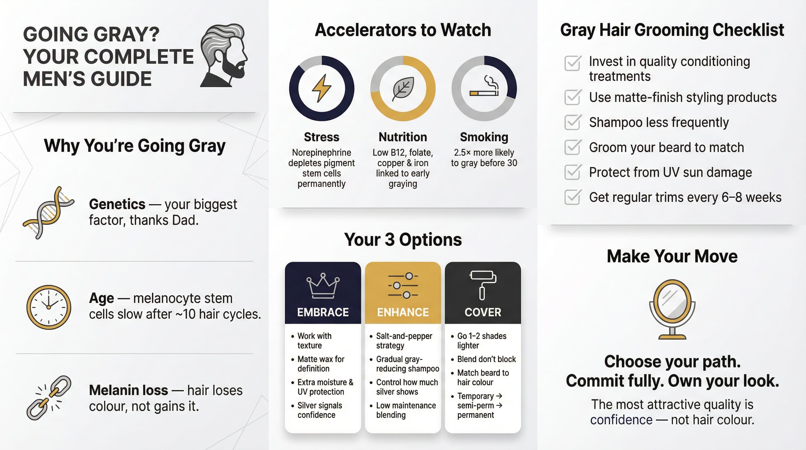 Men's gray hair guide infographic showing causes of graying and three options to embrace enhance or cover silver hair