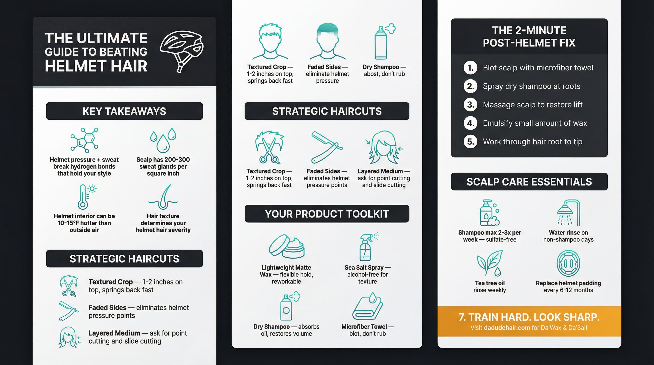 Helmet hair prevention infographic with haircut tips product recommendations and post-ride recovery steps for cyclists
