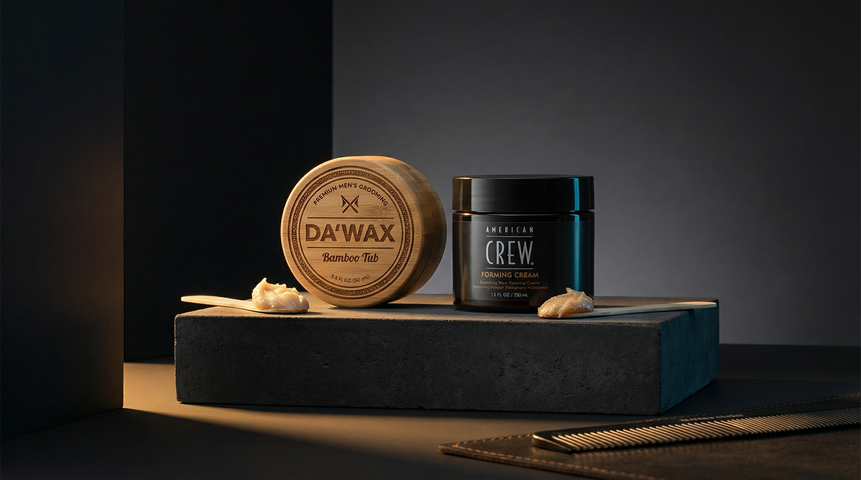 Da'Wax bamboo tub vs American Crew Forming Cream &mdash; strong hold hair wax comparison