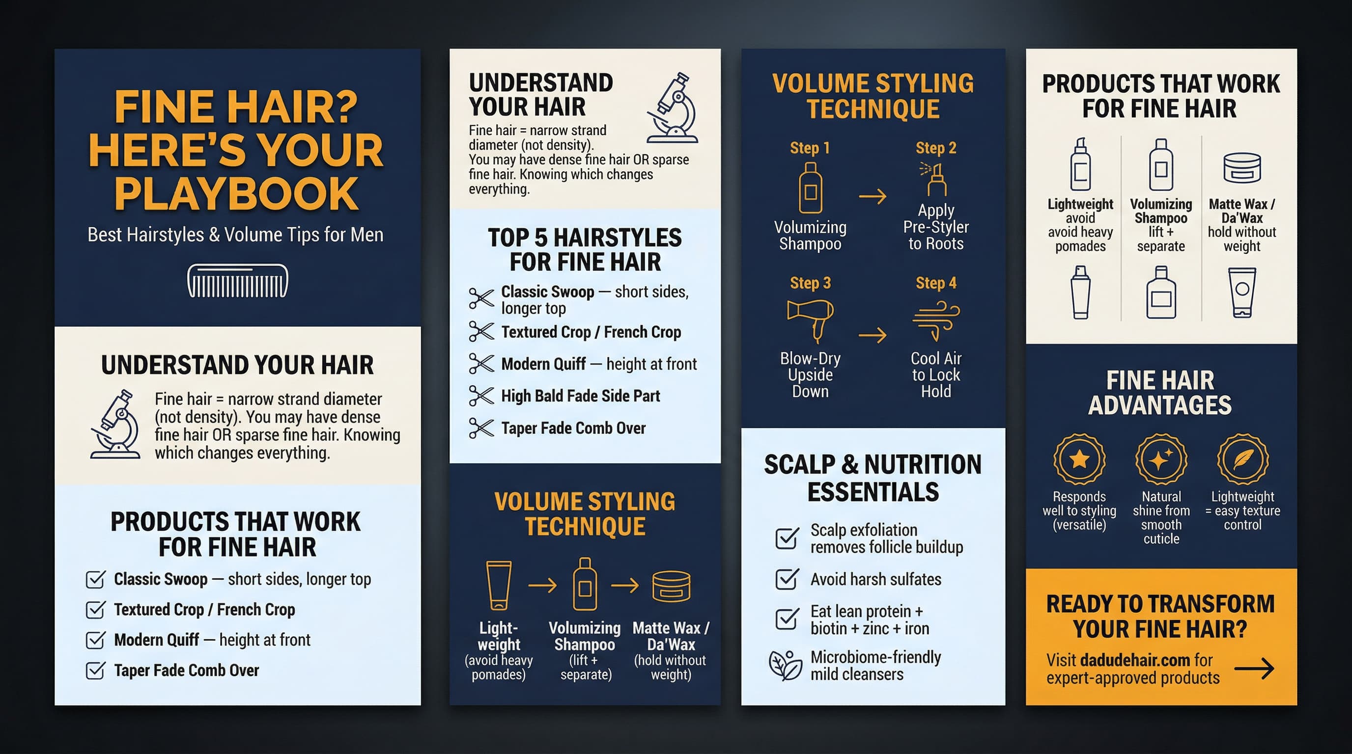 Men's fine hair hairstyles and volume tips infographic &mdash; styles, techniques, and products guide