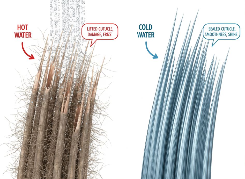 Split-screen comparison of hair cuticle damage from hot water vs cold water rinse