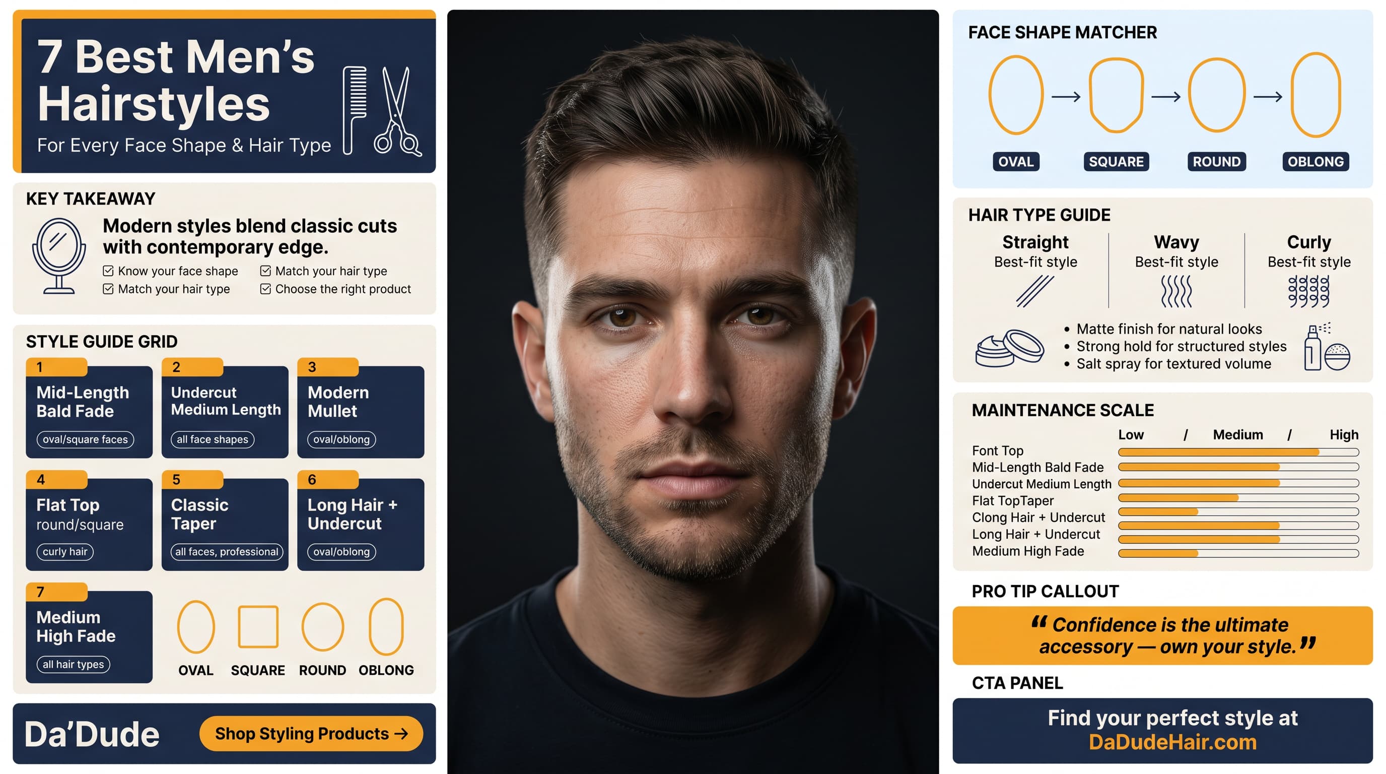 Men's hairstyles for every face shape and hair type infographic &mdash; 7 best cuts guide