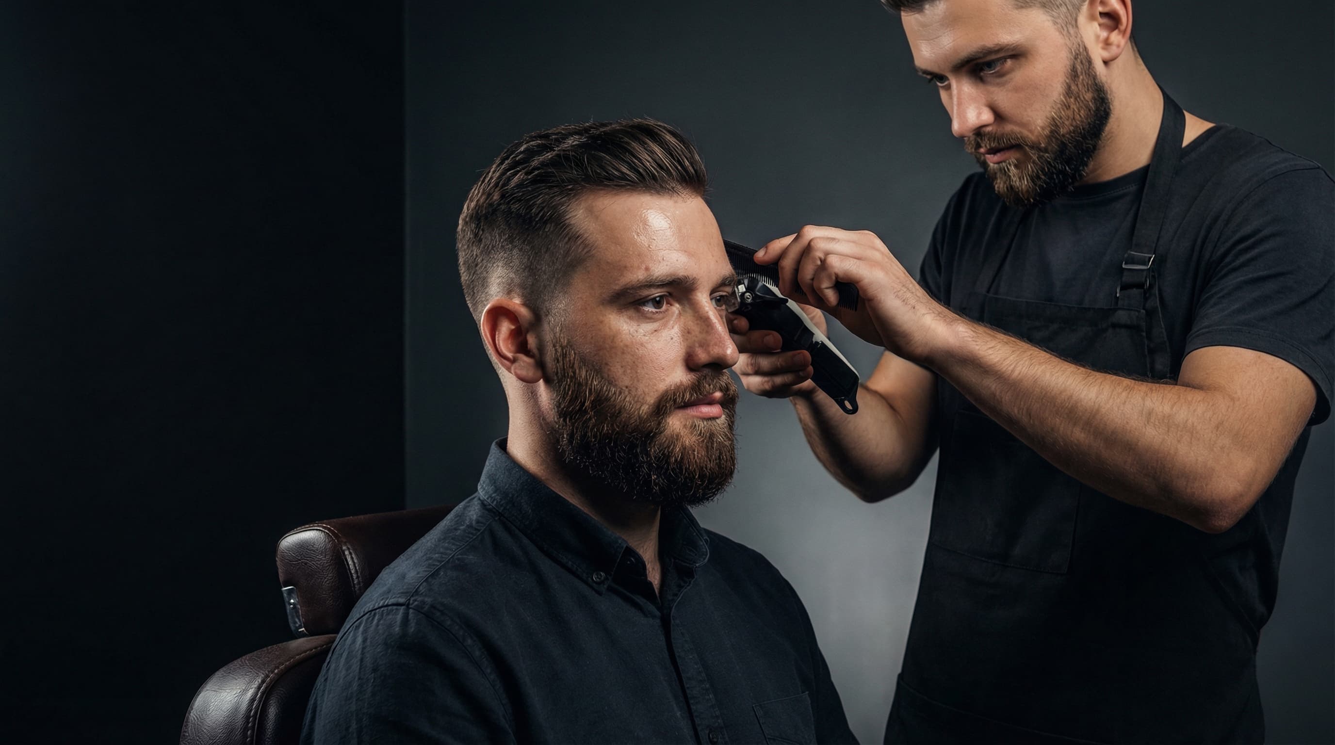 Handsome bearded man getting a tempered undercut haircut by professional barber