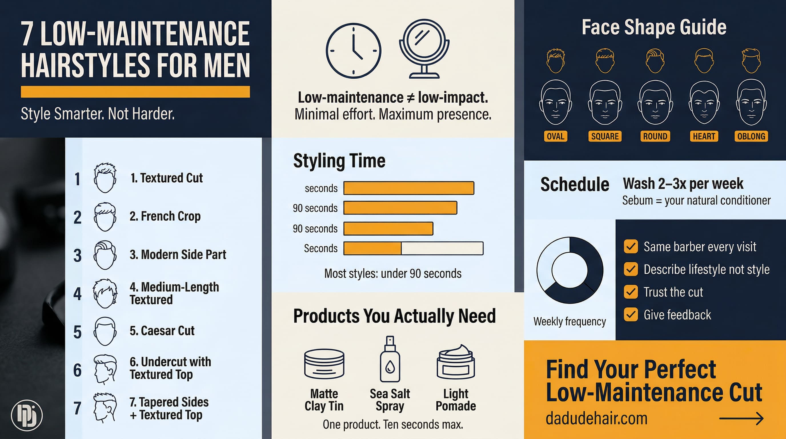 Low-maintenance men's hairstyles guide infographic &mdash; 7 styles, face shapes, and hair care tips