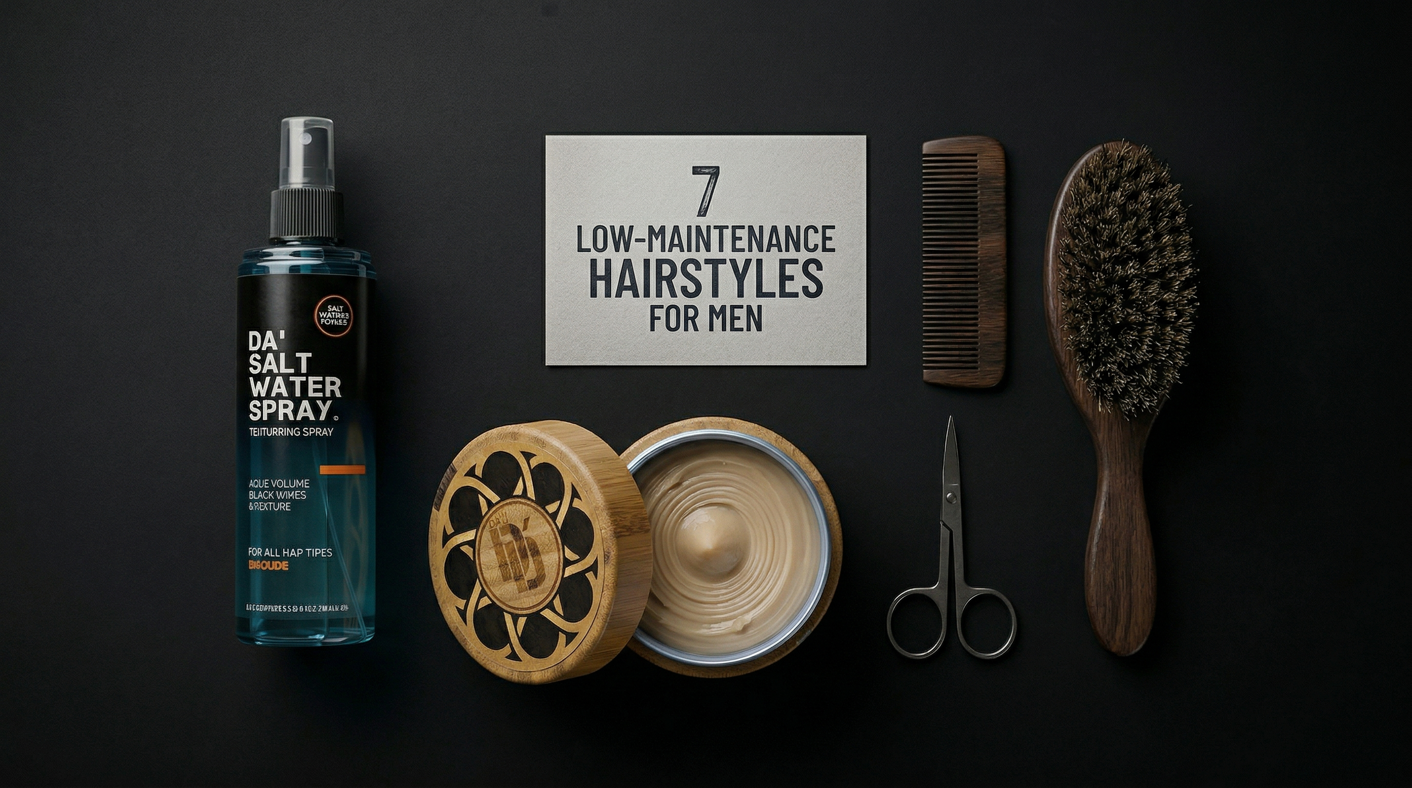 Flat-lay of men's grooming tools and products for low-maintenance hairstyles