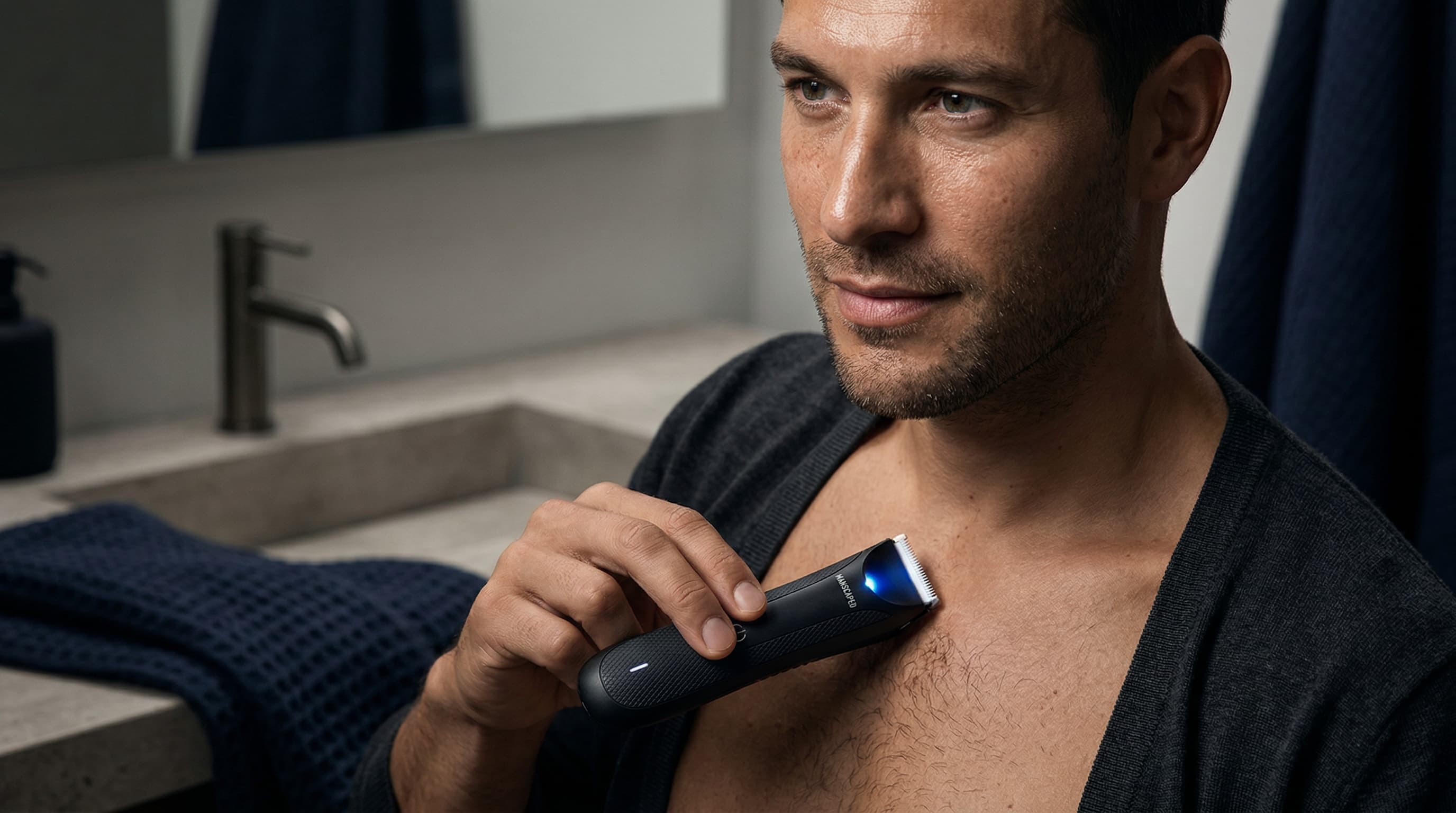 Man using electric body razor for body grooming — modern men's grooming routine