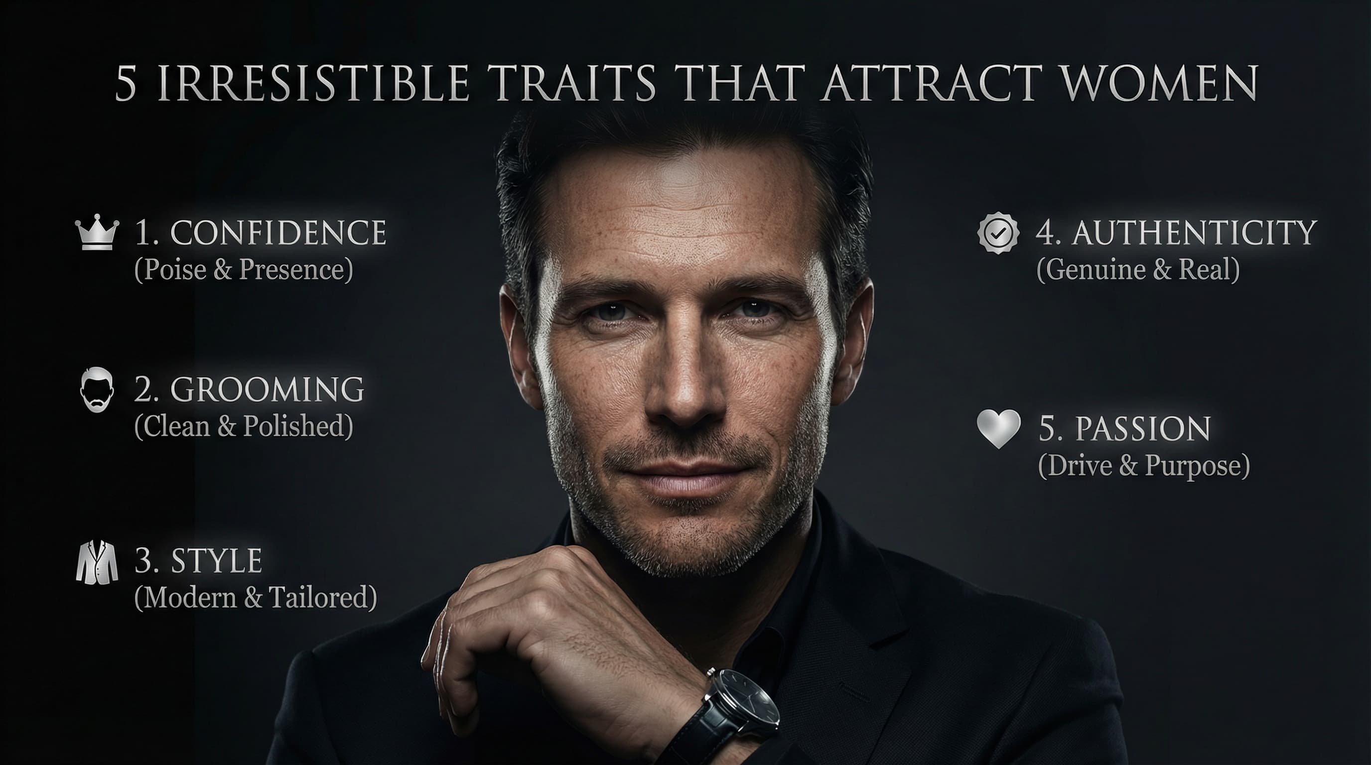 Infographic showing 5 irresistible traits that attract women to men including style grooming and confidence