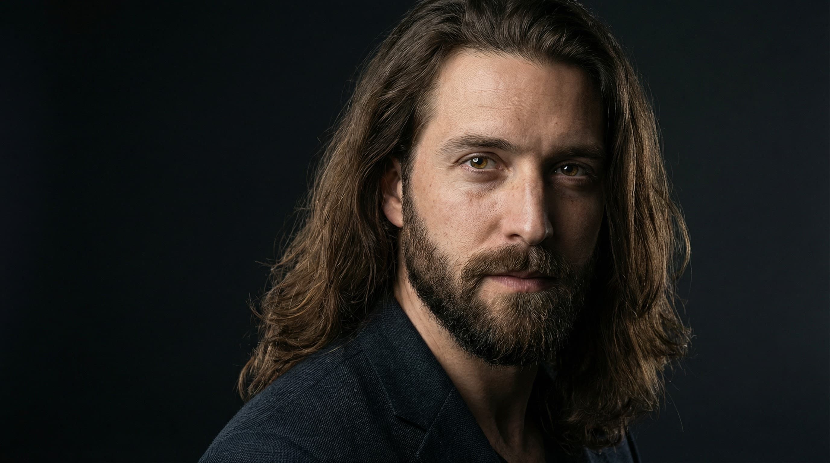 Long-haired man with complementary trimmed beard style portrait