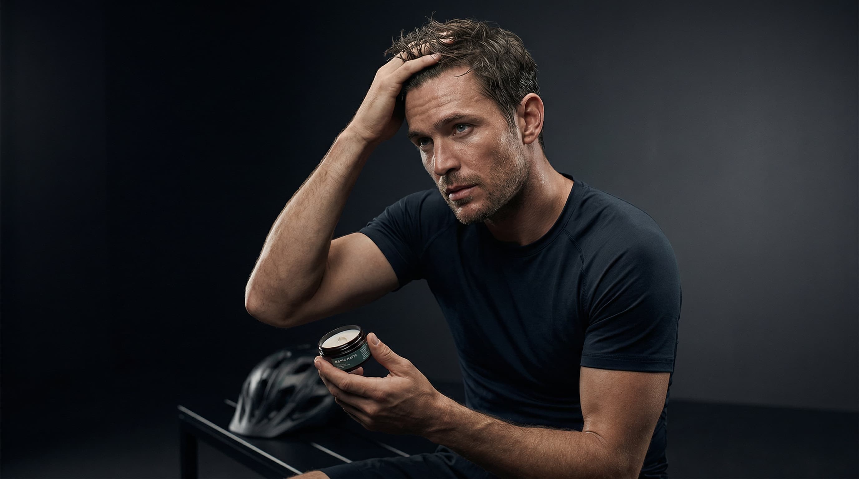 Man applying hair styling product after workout demonstrating post-helmet hair recovery technique